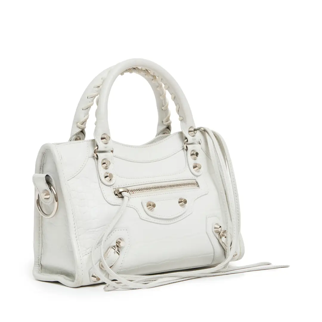 Balenciaga - Beyaz Croco Print Edge Mini City Çanta - Authentic