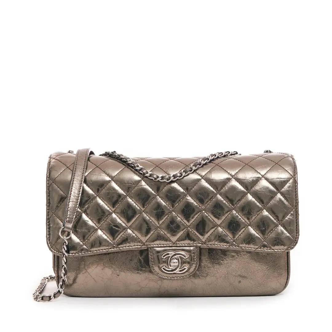 Chanel - Metalik Bronz Clams Pocket Accordion Flap Çanta