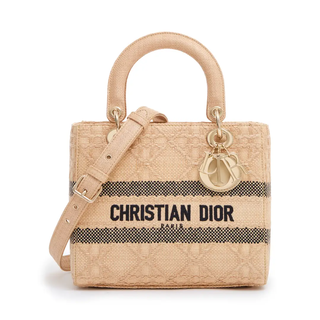Christian Dior - Bej Raffia Cannage Small Lady Dior D-Lite Çanta