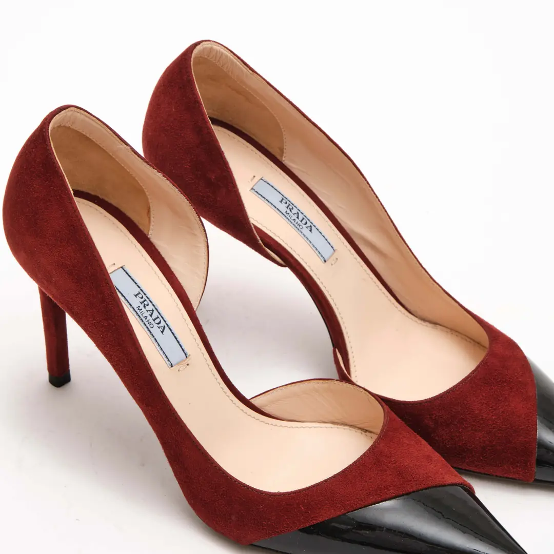 Prada Bordo Süet Half D'orsay Topuklu Ayakkabı / 37 - Authentic