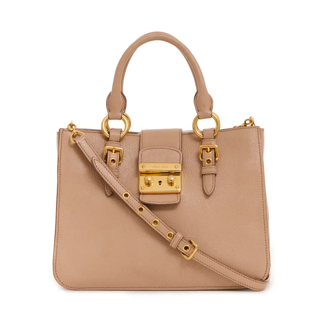 Miu Miu - Beige Madras Leather Pushlock Medium Bag - Authentic Seconds