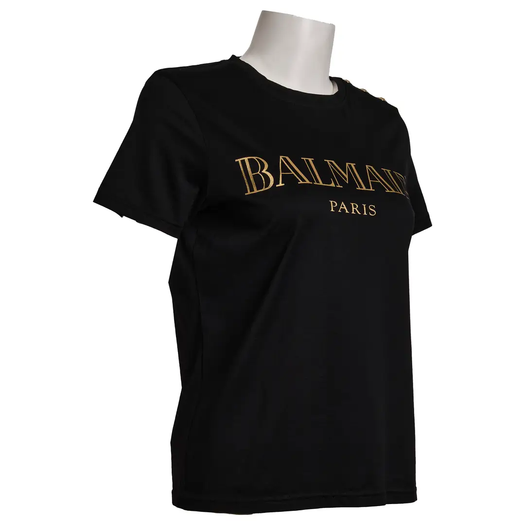 Balmain - Black Cotton Gold Paris B Button Tshirt / M