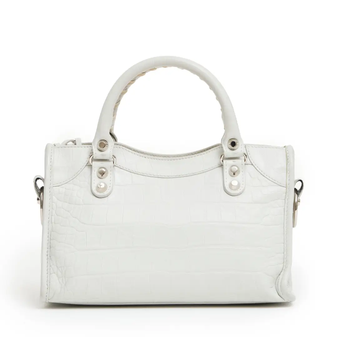 Balenciaga - Beyaz Croco Print Edge Mini City Çanta - Authentic