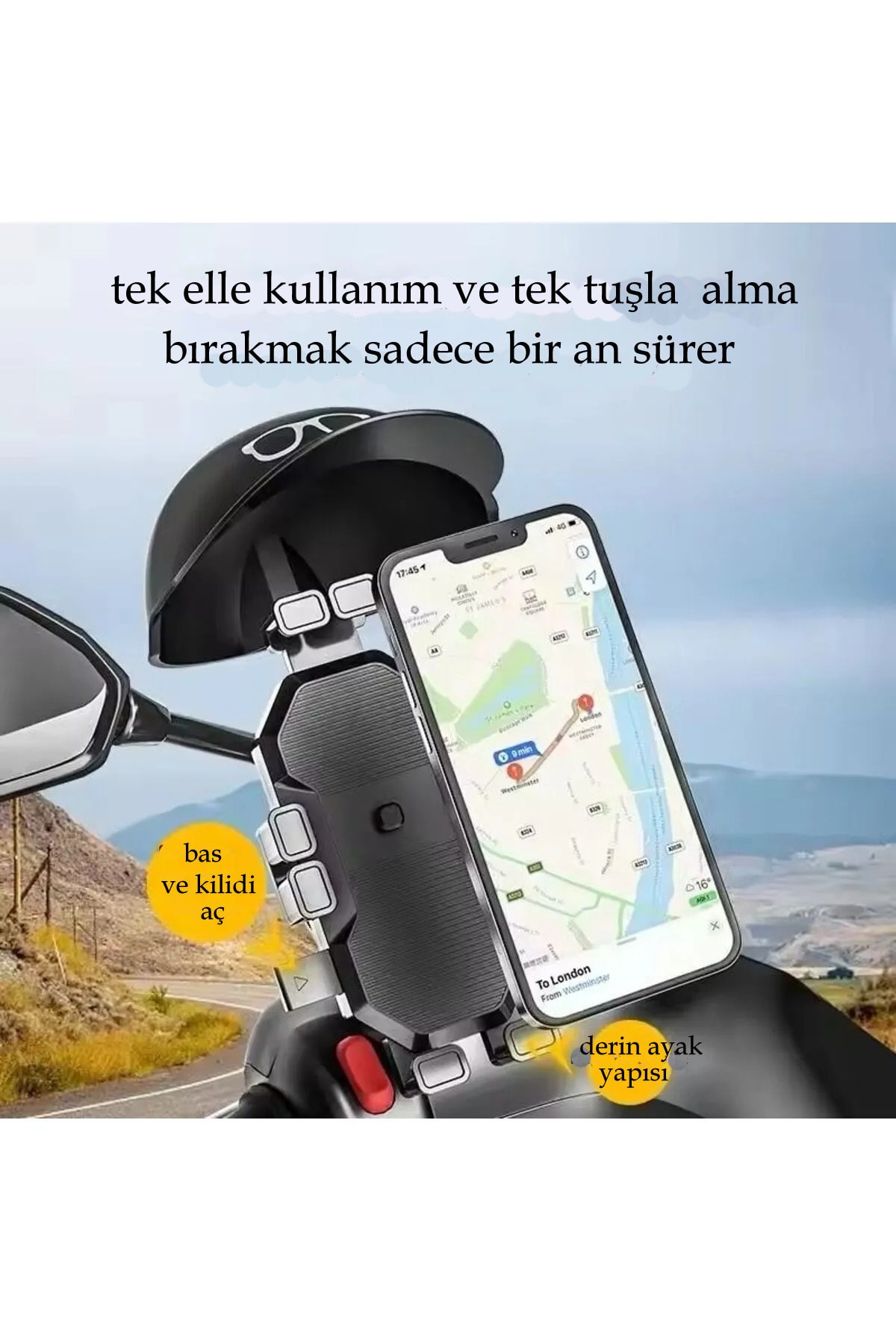 Otomatik Tuşlu Şapkalı Motorsiklet Bisiklet Telefon Tutacağı Ayna ve Gidon Bağlantılı
