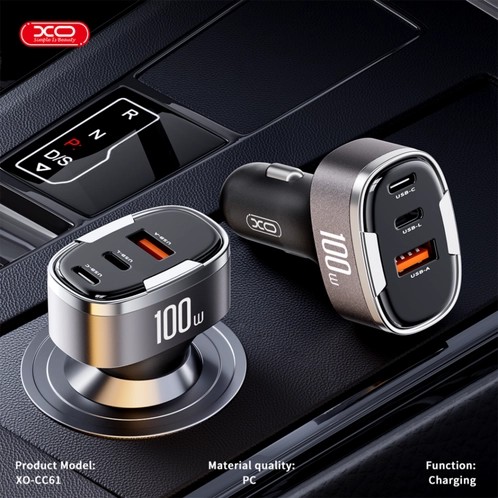 CC61 100W USB-C (TYPE-C) | Lightning | USB-A 3 Çıkışlı Voltaj Gösterge Ekranlı Araç içi Şarj Aleti Adaptör