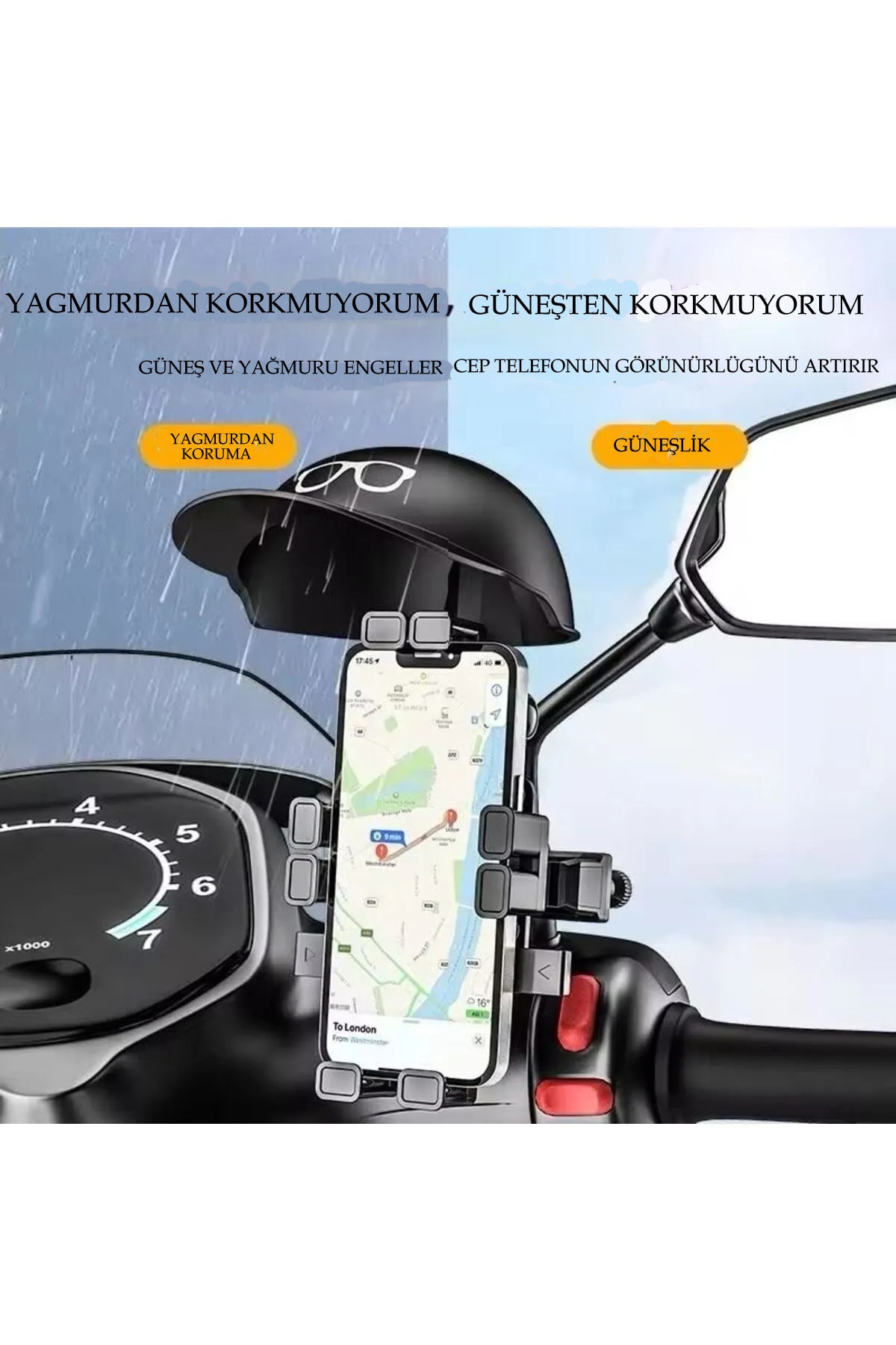 Otomatik Tuşlu Şapkalı Motorsiklet Bisiklet Telefon Tutacağı Ayna ve Gidon Bağlantılı