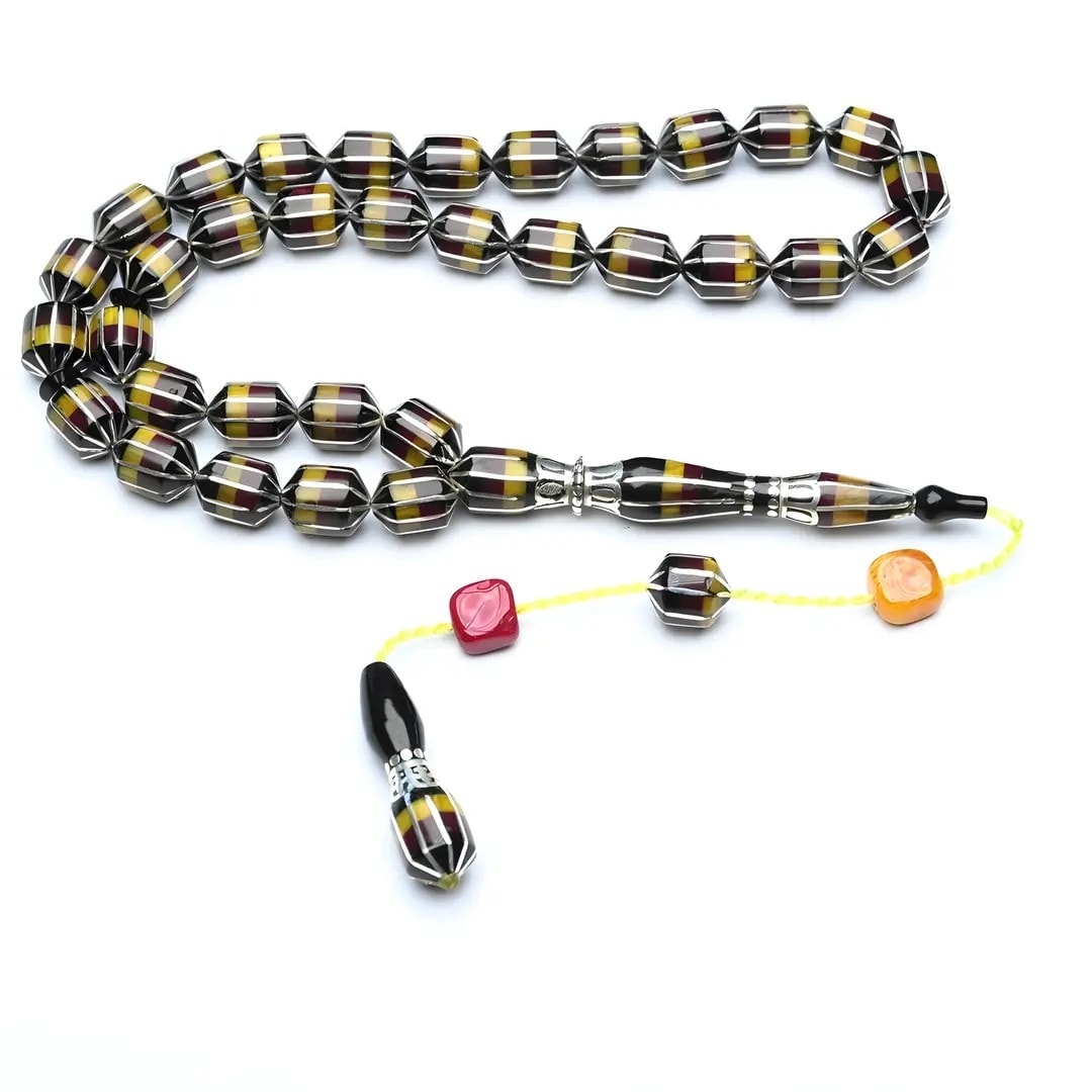 Tıraşlı Kesme 1000 Ayar Gümüş İşlemeli Oltu Taşı Ve Galalith  Karpuz Dilim İşlemeli Tespih