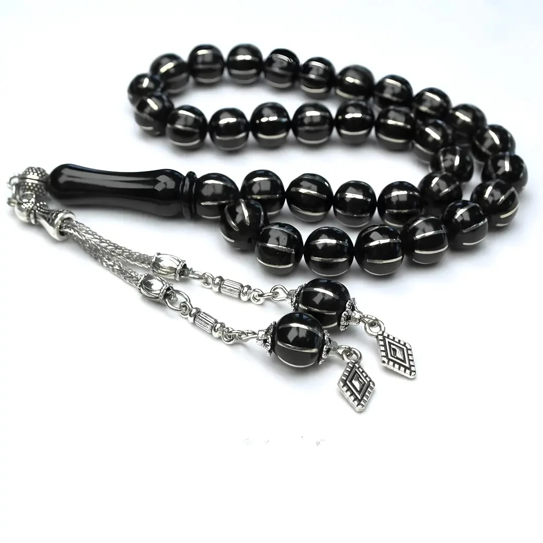 Karpuz Dilimi Sekizli Alpaka İşlemeli Oltu Sıkması Tespih