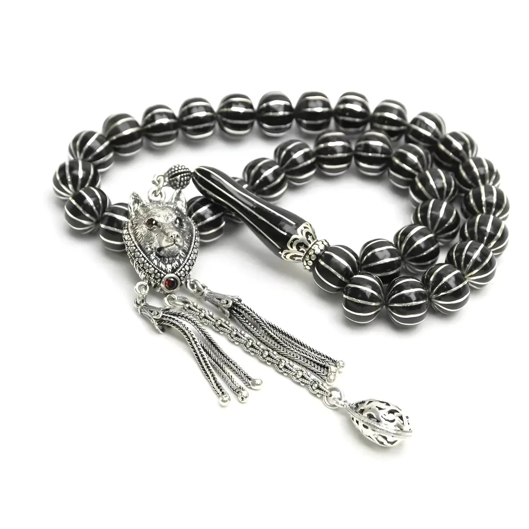 Oltu Taşı Basık  Model On İkili Karpuz Dilimi İşlemeli Tespih