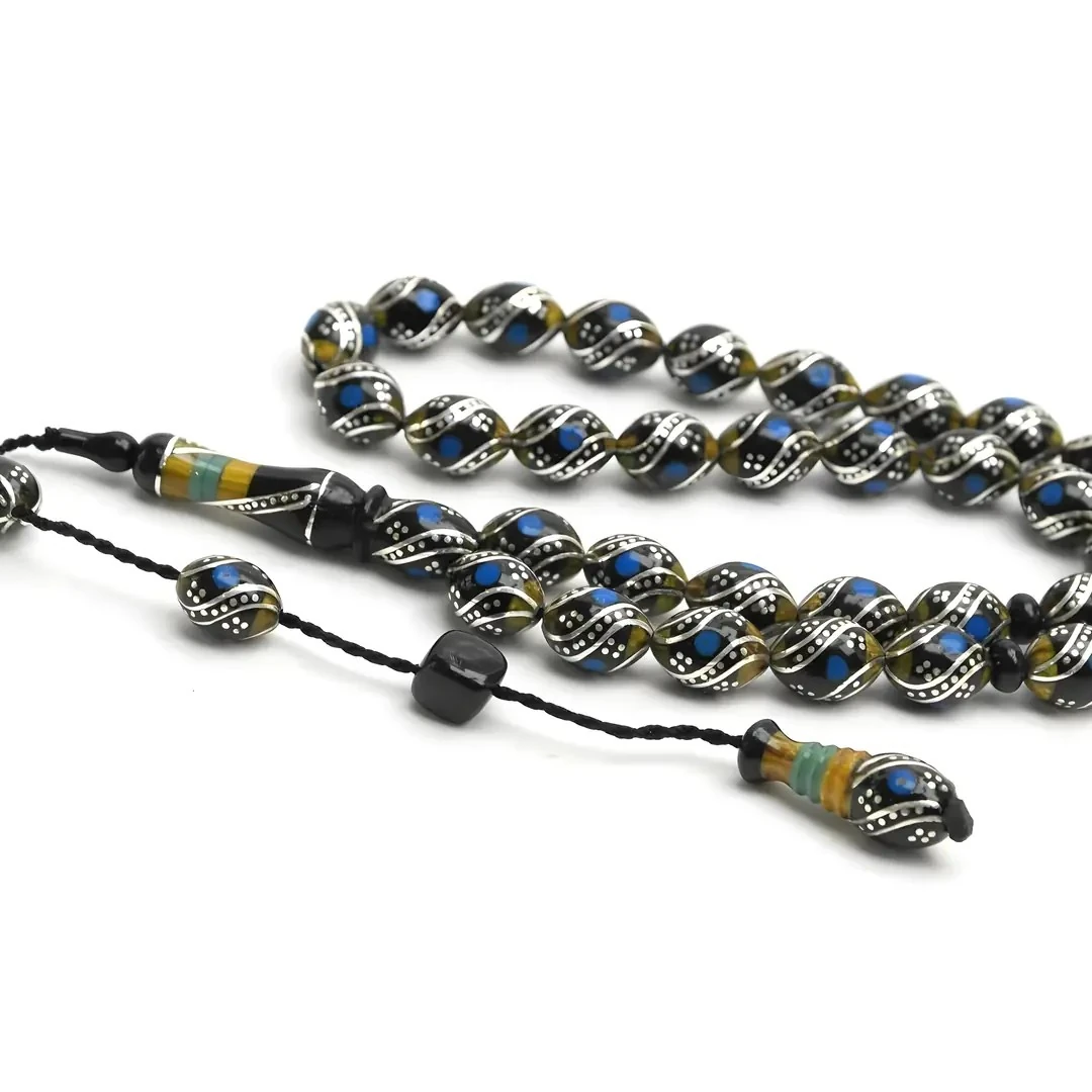 Oltu Taşı Ve Sarı Galalith  Çift Çeşmi Bülbül İşlemeli Tespih