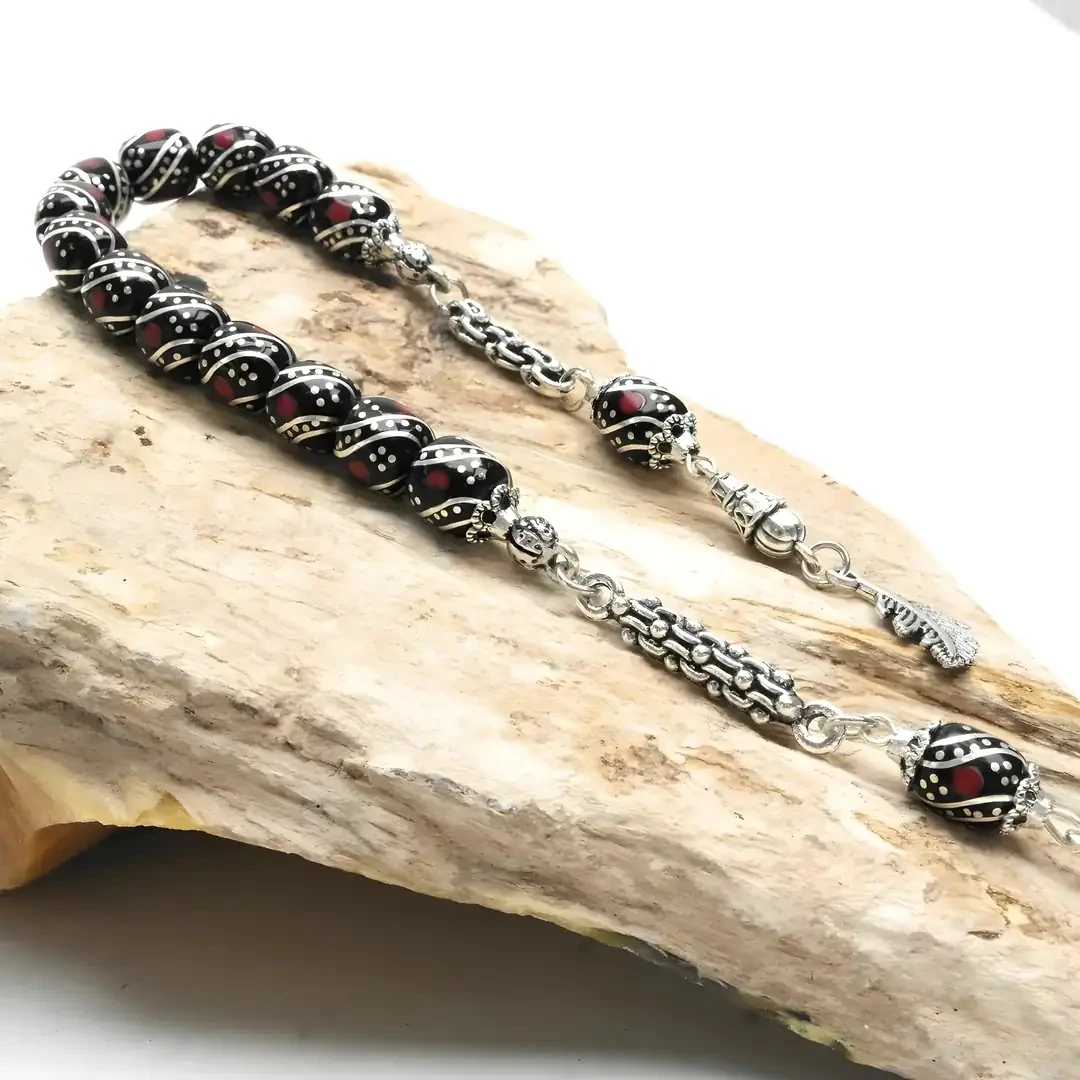 Kırmızı Kapsül Model Gümüş İşleme Oltu Taşı Zaza Tespih 