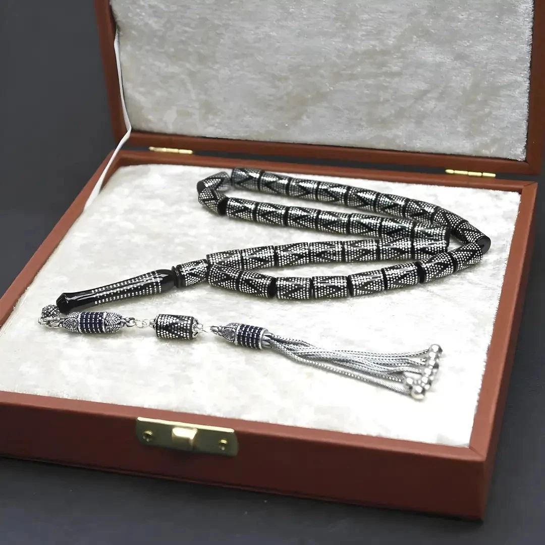 Çemberli Kesme Model Kum Saati Gümüş İşleme Oltu Taşı Tespih