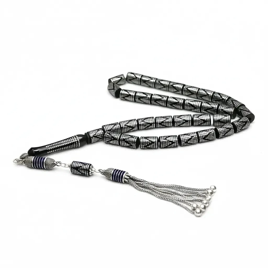 Çemberli Kesme Model Kum Saati Gümüş İşleme Oltu Taşı Tespih