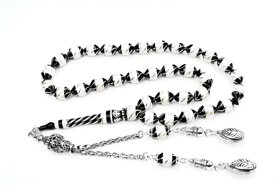 Oltu Taşı Beyzi Model  İşlemeli Altılı Çeşmi Bülbül  Beyaz Galalith Tespih