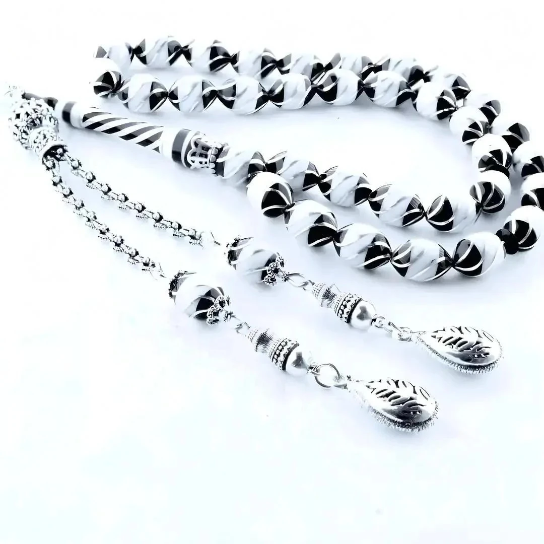 Oltu Taşı Beyzi Model  İşlemeli Altılı Çeşmi Bülbül  Beyaz Galalith Tespih