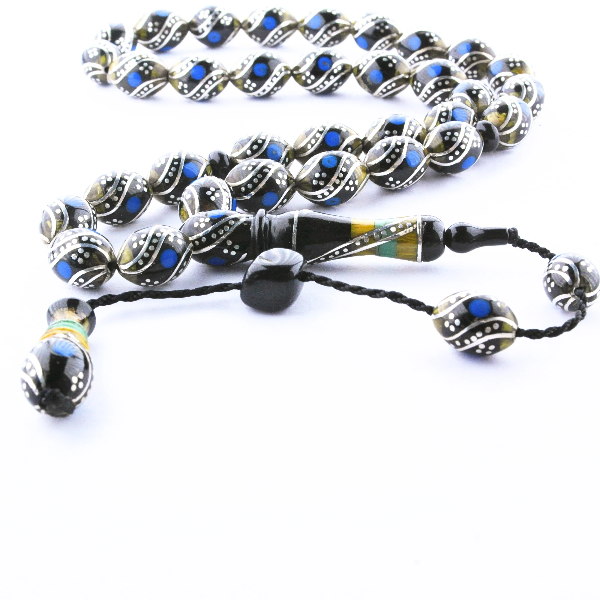 Oltu Taşı Ve Sarı Galalith  Çift Çeşmi Bülbül İşlemeli Tespih