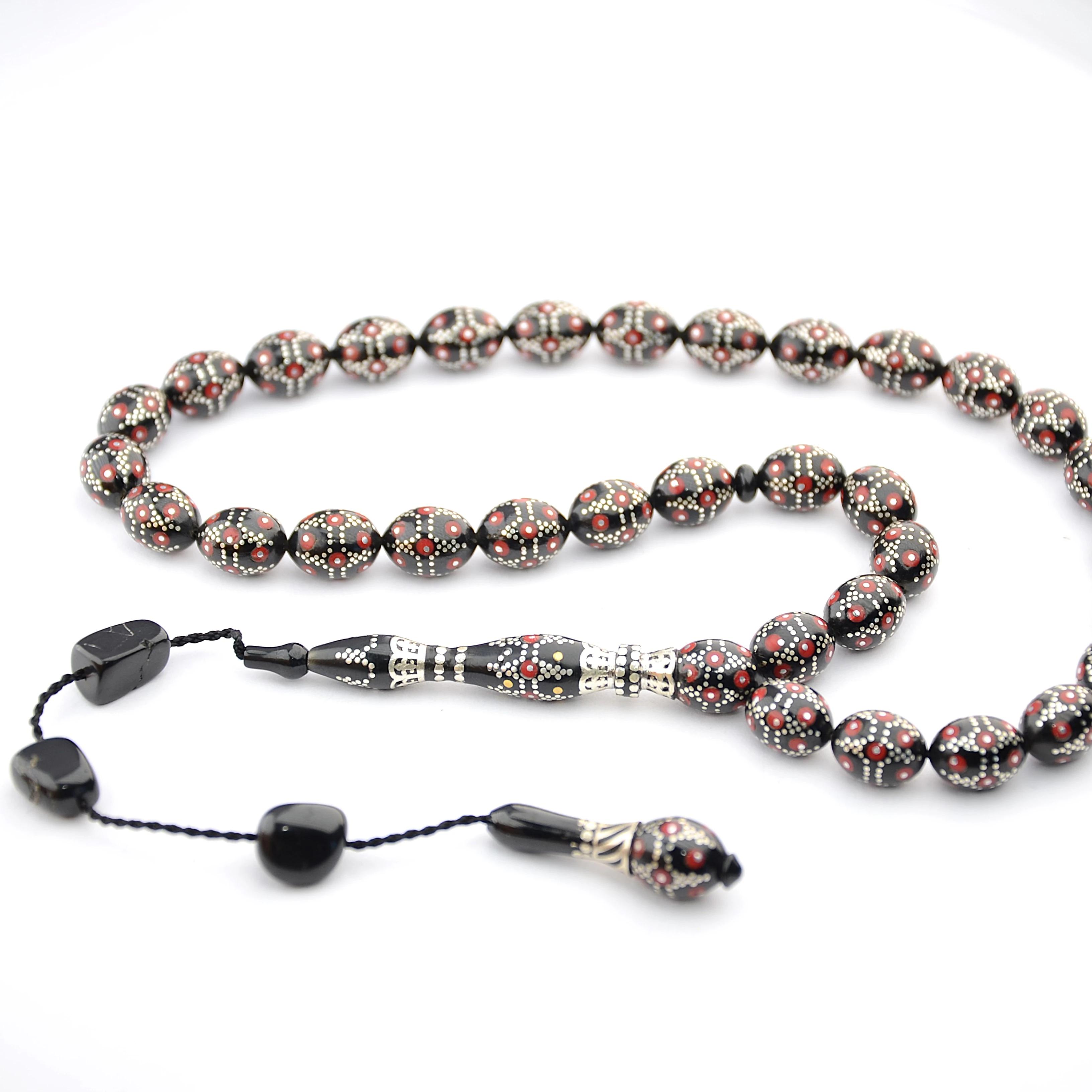 Kırmızı Mine Piramit Yol İşlemeli Oltu Sıkması Tespih