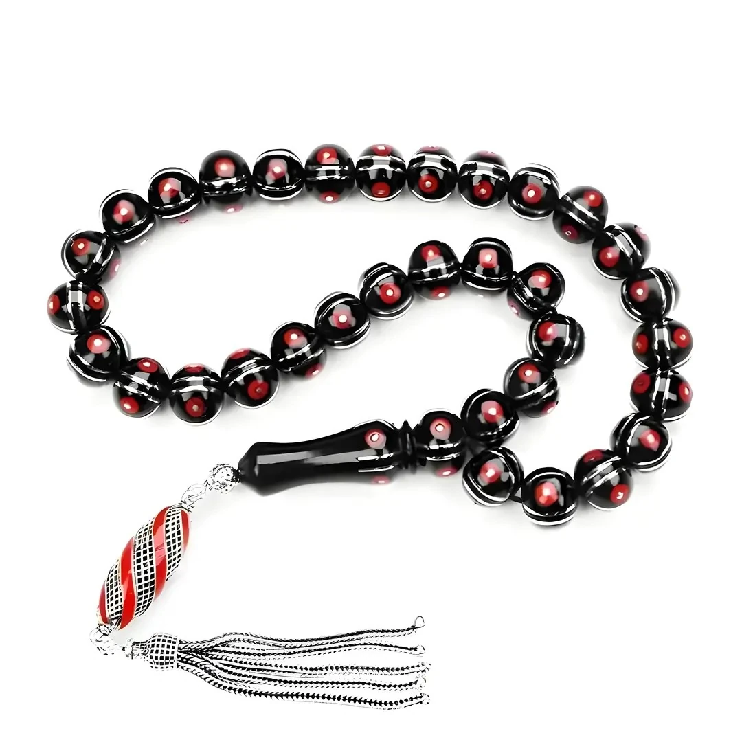 Oltu Sıkması Basık Model  Alpaka Karpuz Mercan İşlemeli Tespih