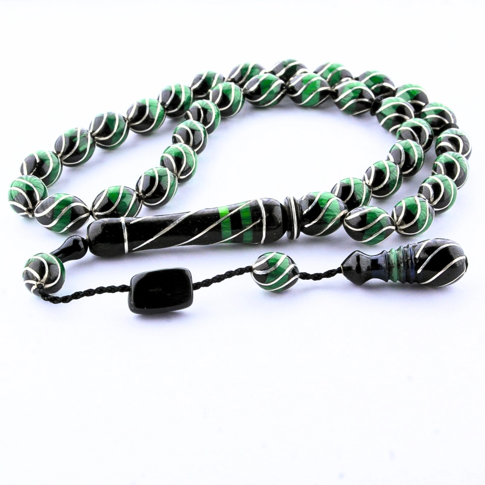  Oltu Taşı Ve Yeşil Galalith Çeşmi Bülbül İşlemeli Tespih