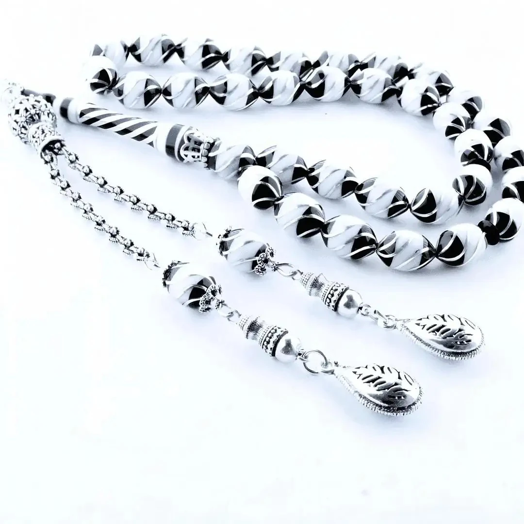 Oltu Taşı Beyzi Model  İşlemeli Altılı Çeşmi Bülbül  Beyaz Galalith Tespih