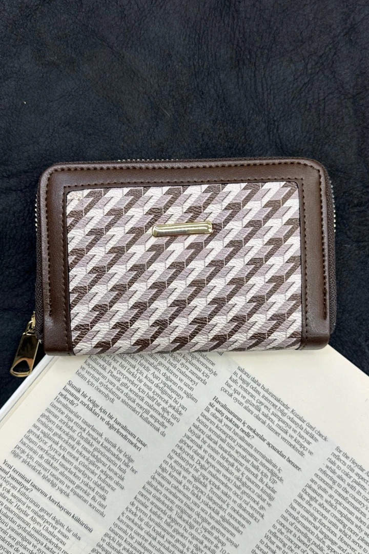 Desenli Fermuarlı Cüzdan - Kahve