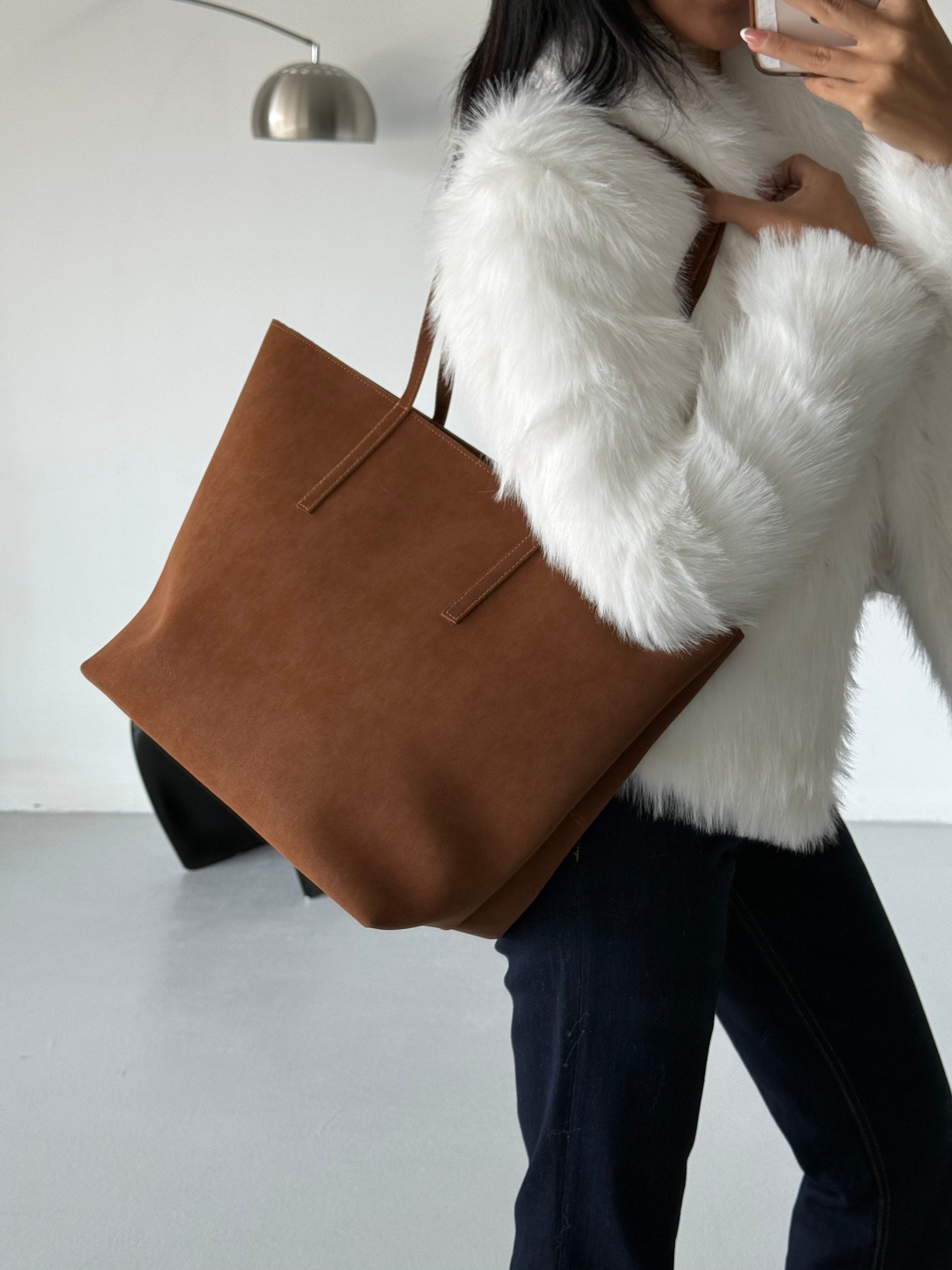 Kadın Fermuarlı Çift Saplı Shopper Omuz Çantası Sable - Taba Süet