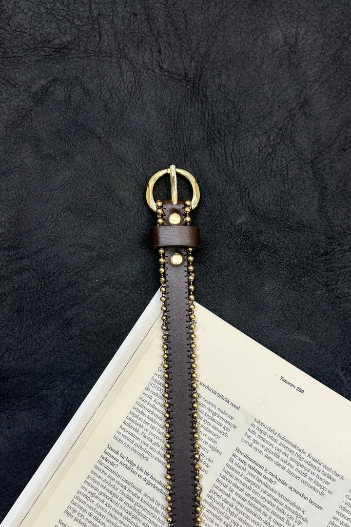 Boncuk Detaylı Gold Kemer - Kahve