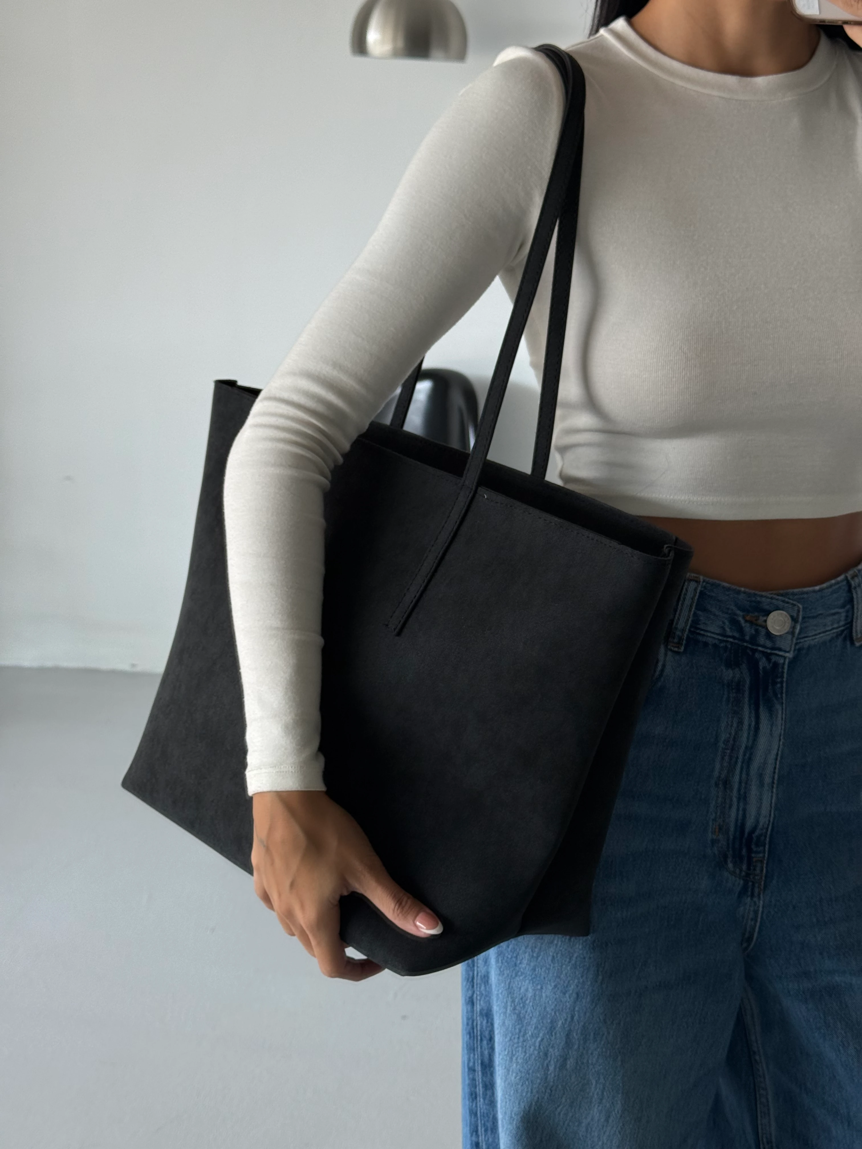 Kadın Fermuarlı Çift Saplı Shopper Omuz Çantası Sable - Siyah Süet