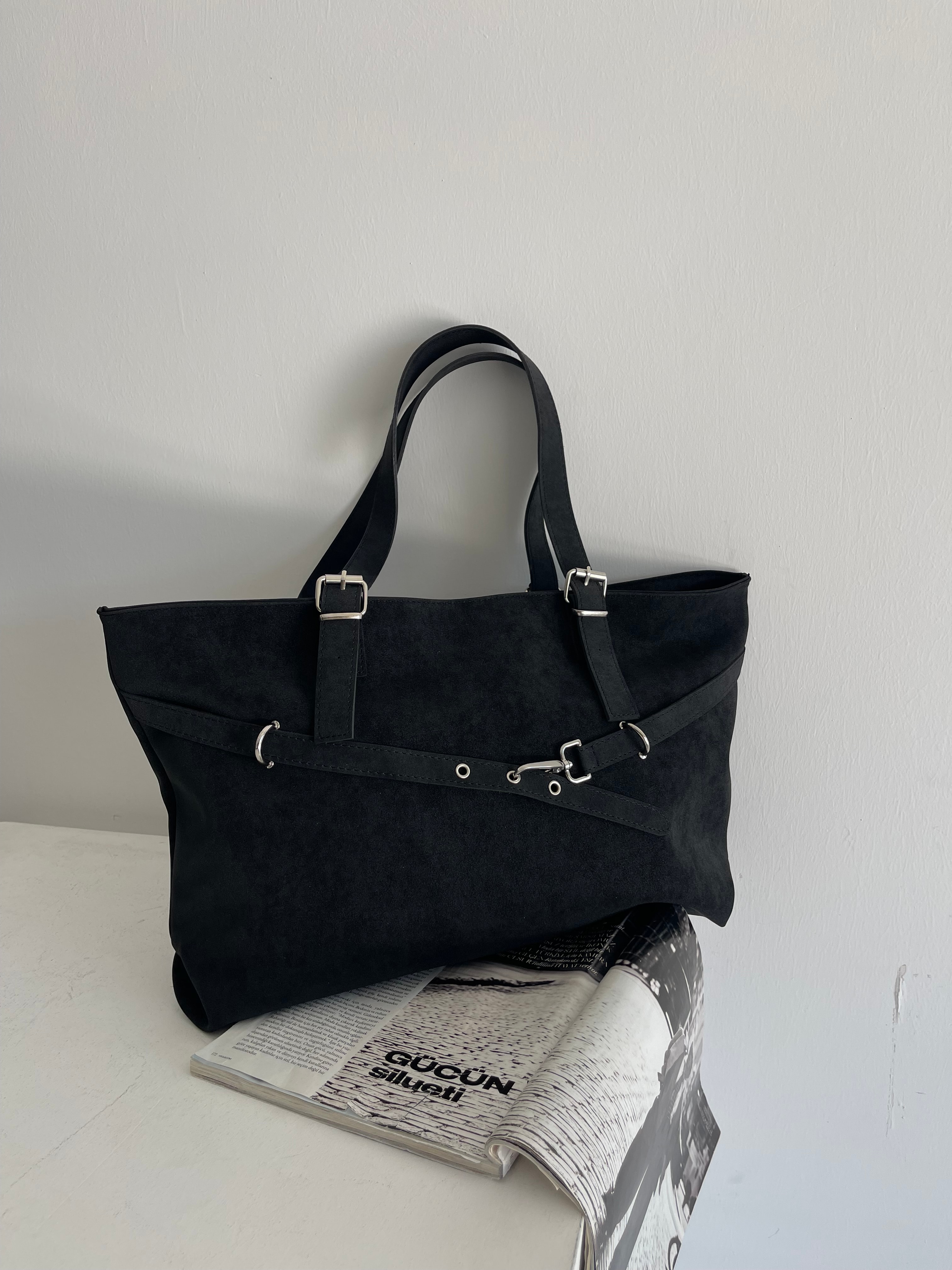 Kadın Kemer Detaylı Omuz Çantası Madrid - Siyah Süet