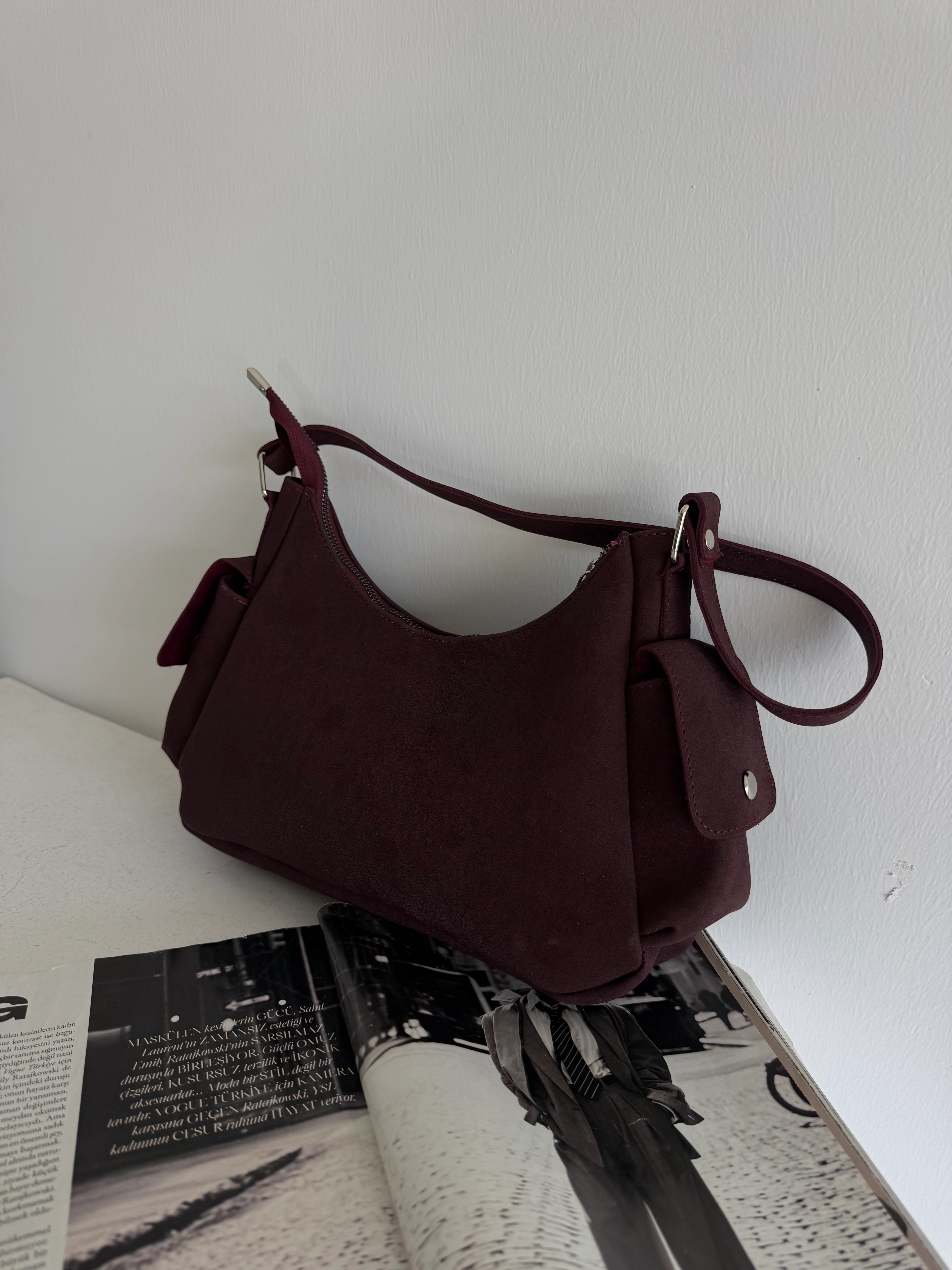 Kadın Çok Cepli Omuz Çantası Poli - Bordo Süet