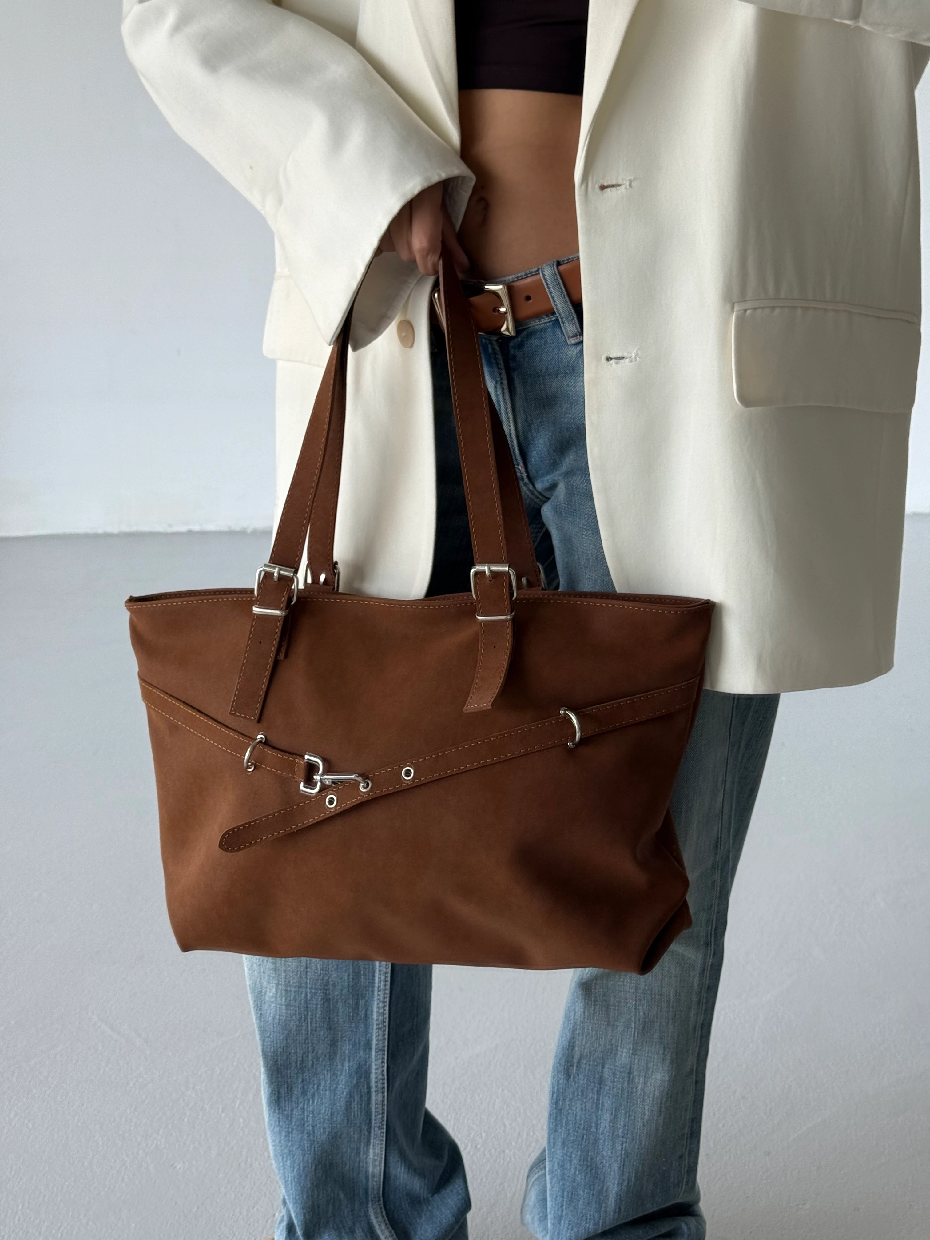 Kadın Kemer Detaylı Omuz Çantası Madrid - Taba Süet