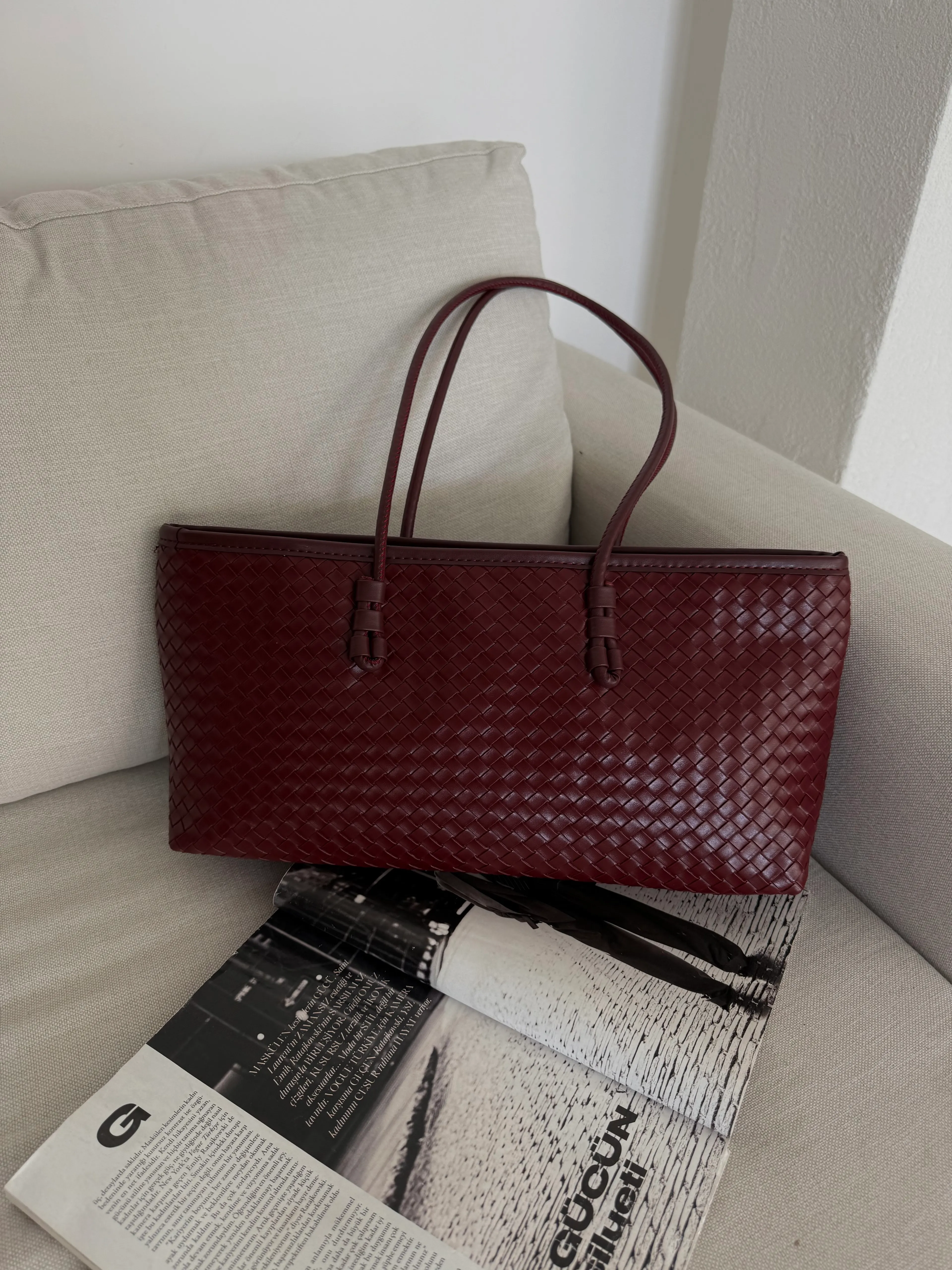 Örgü Desenli Tote Çanta Lizbon - Bordo