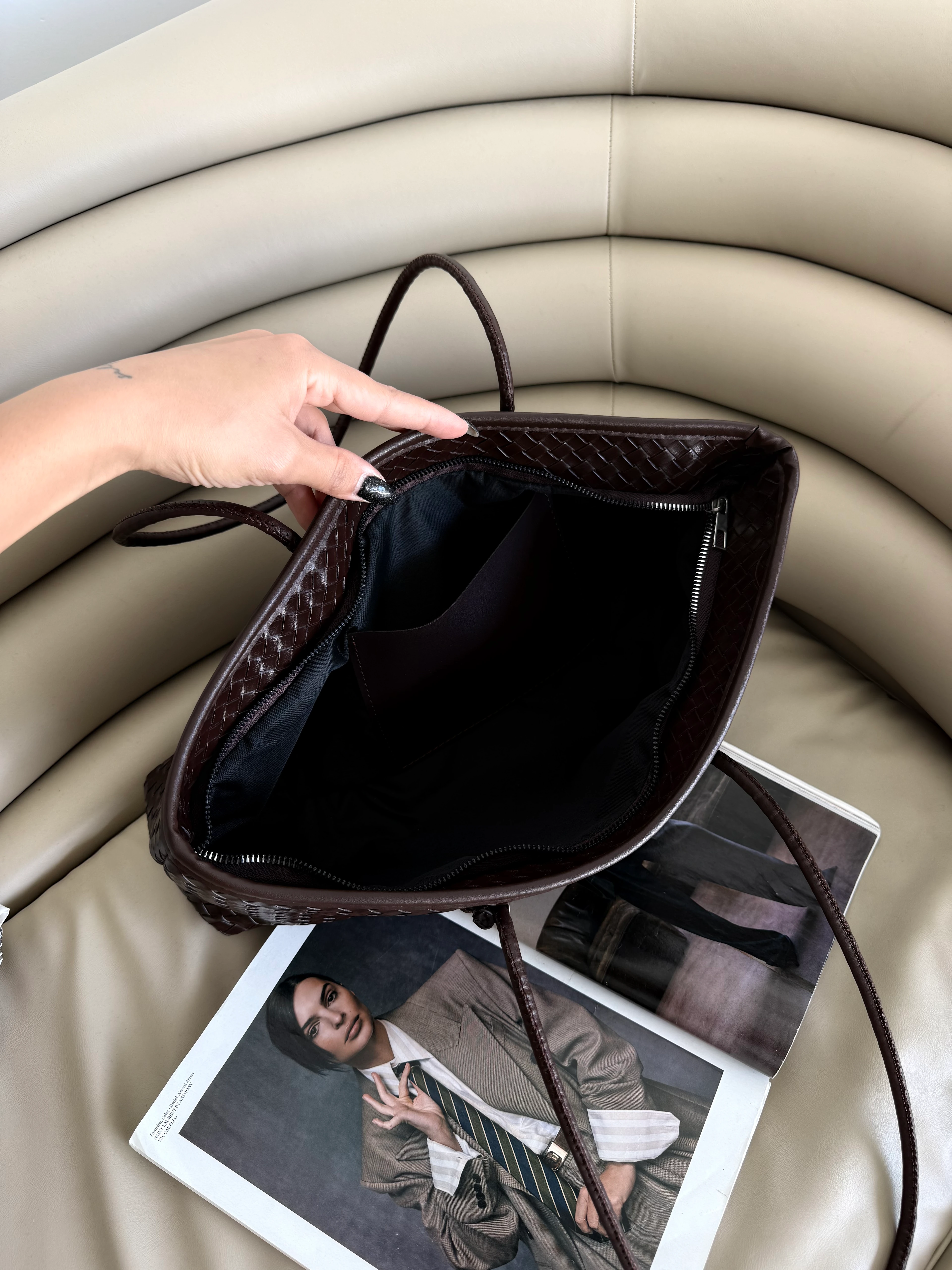 Örgü Desenli Tote Çanta Lizbon - Kahve