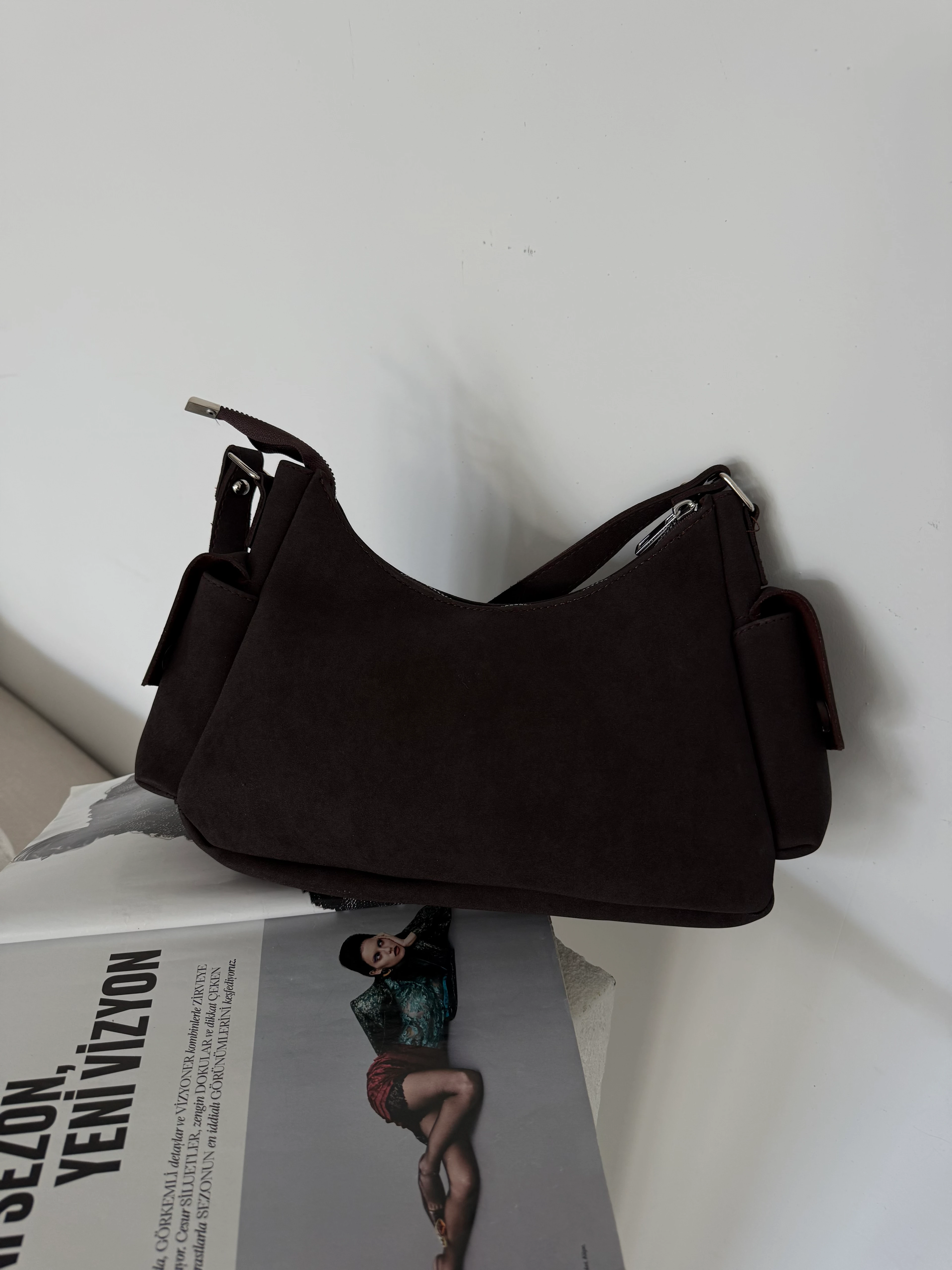 Kadın Çok Cepli Omuz Çantası Poli - Kahve Süet