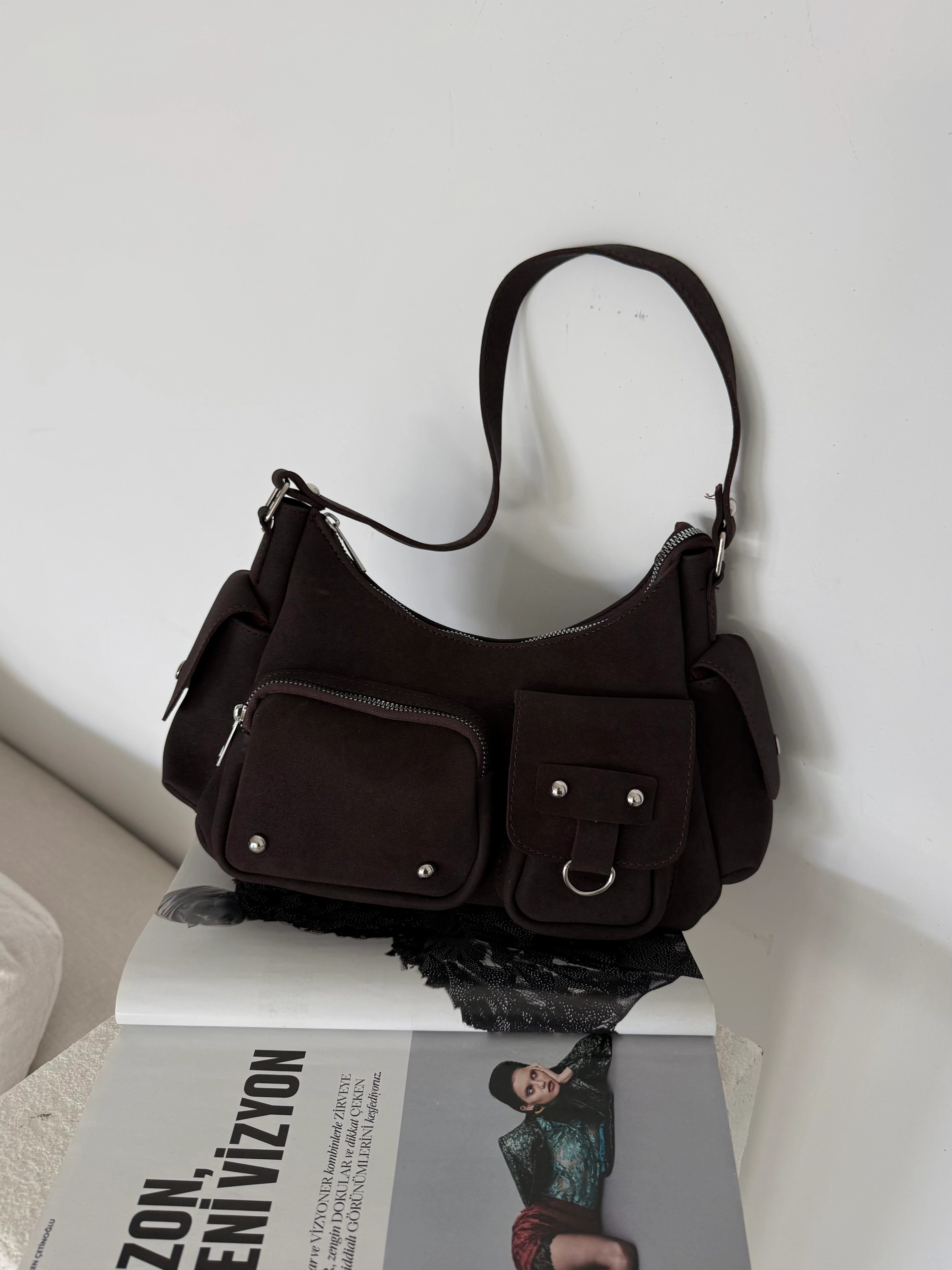 Kadın Çok Cepli Omuz Çantası Poli - Kahve Süet