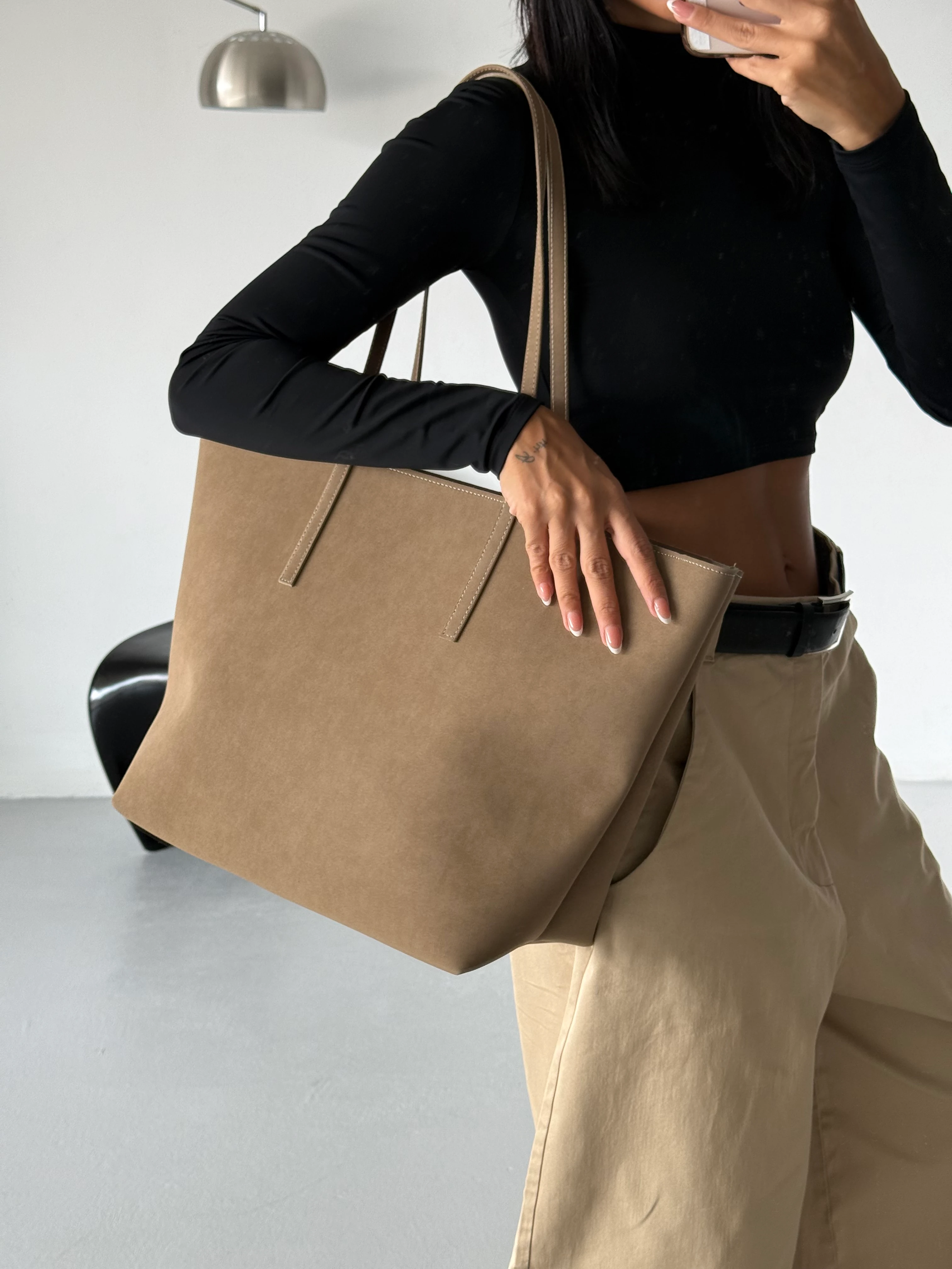 Kadın Fermuarlı Çift Saplı Shopper Omuz Çantası Sable - Vizon Süet