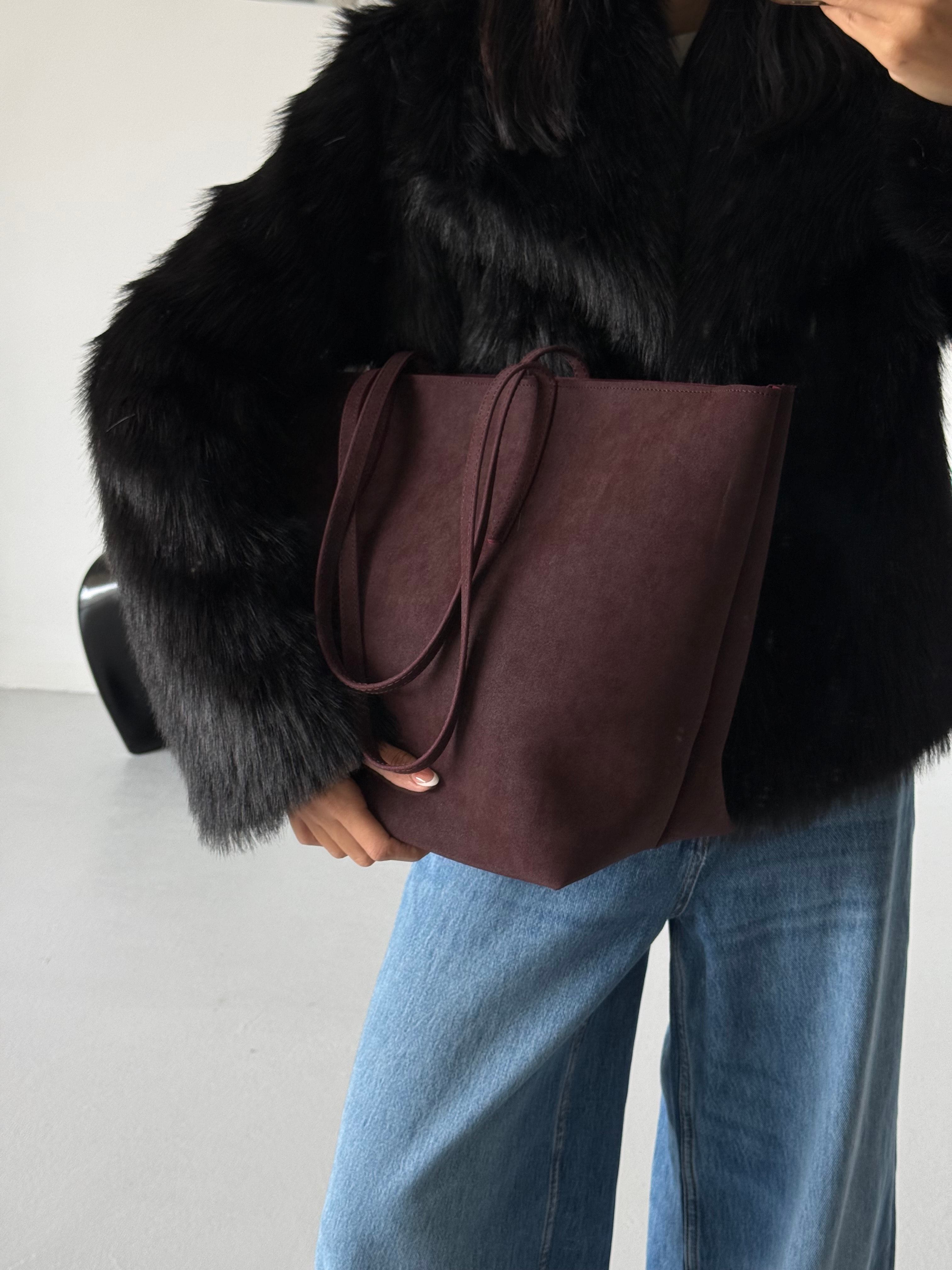 Kadın Fermuarlı Çift Saplı Shopper Omuz Çantası Sable - Bordo Süet