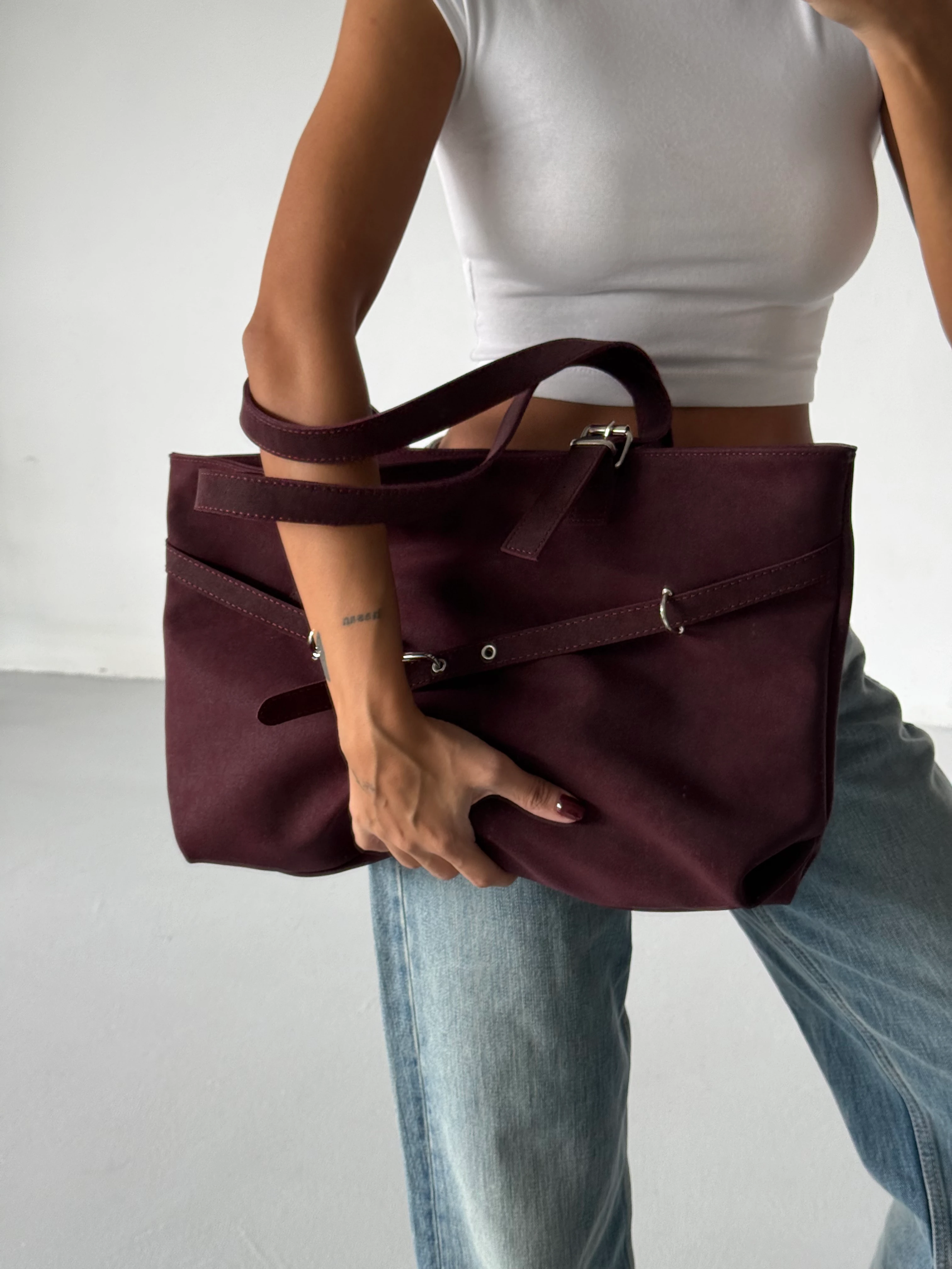 Kadın Kemer Detaylı Omuz Çantası Madrid - Bordo Süet