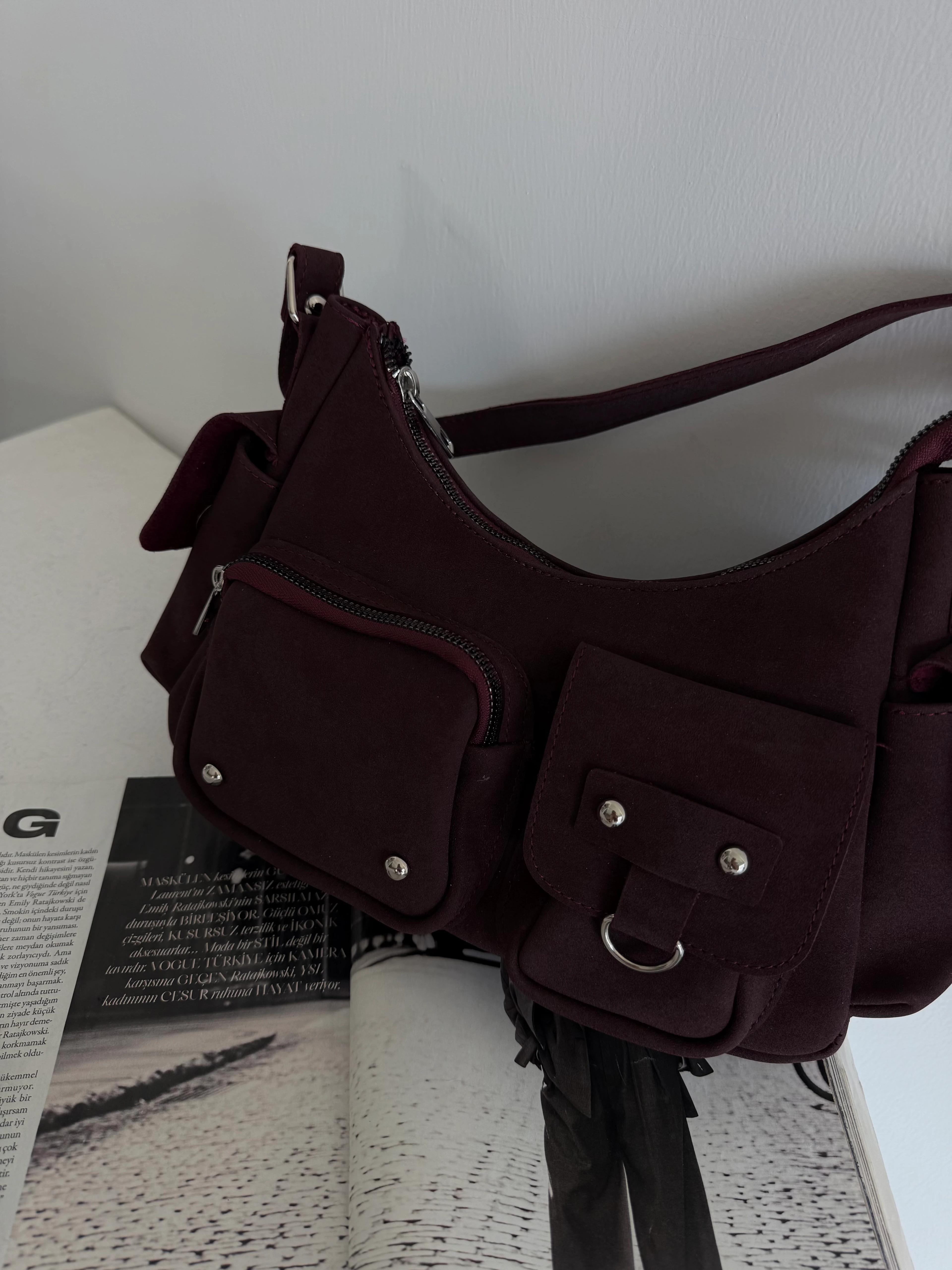 Kadın Çok Cepli Omuz Çantası Poli - Bordo Süet