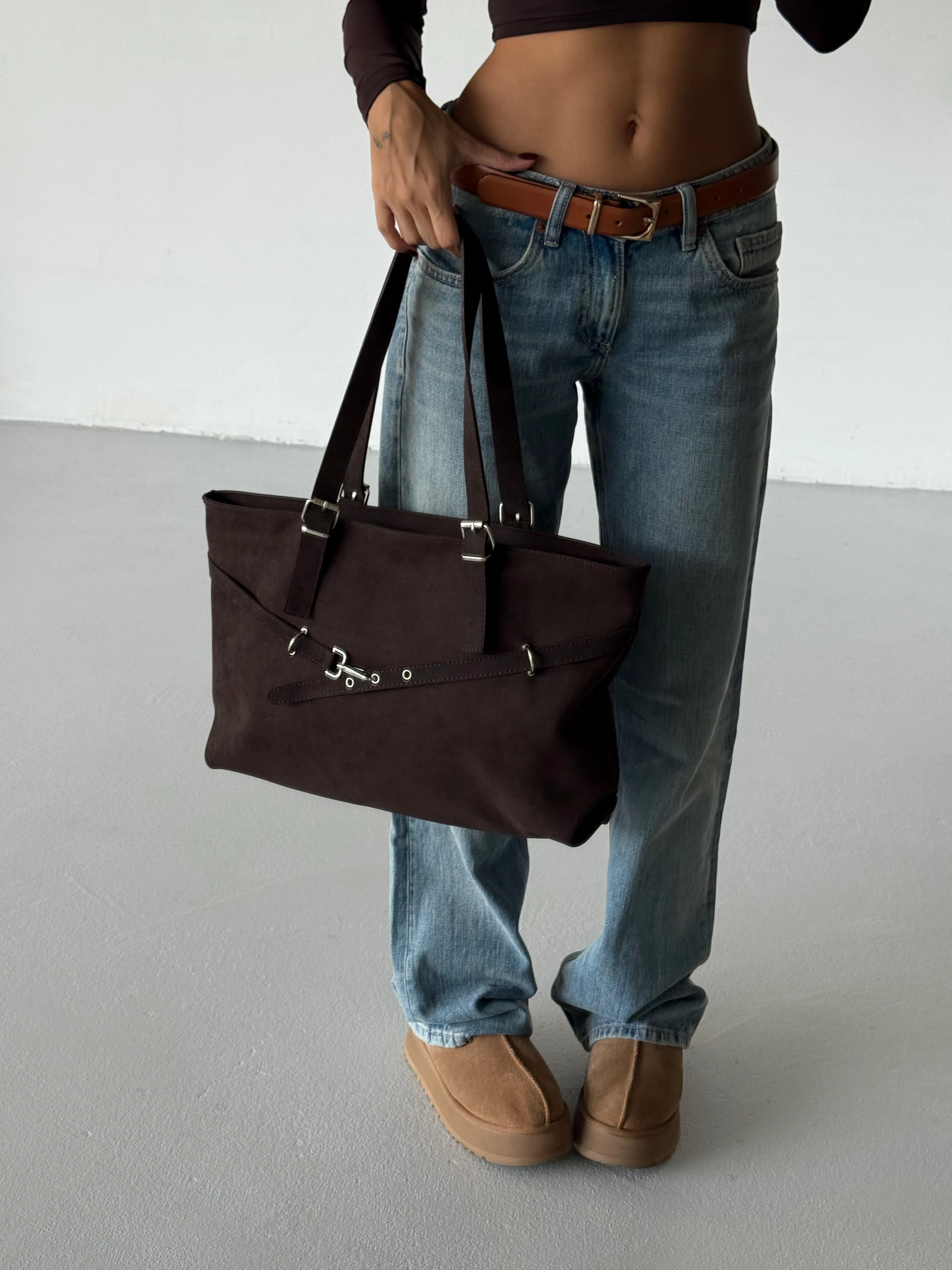 Kadın Kemer Detaylı Omuz Çantası Madrid - Kahve Süet