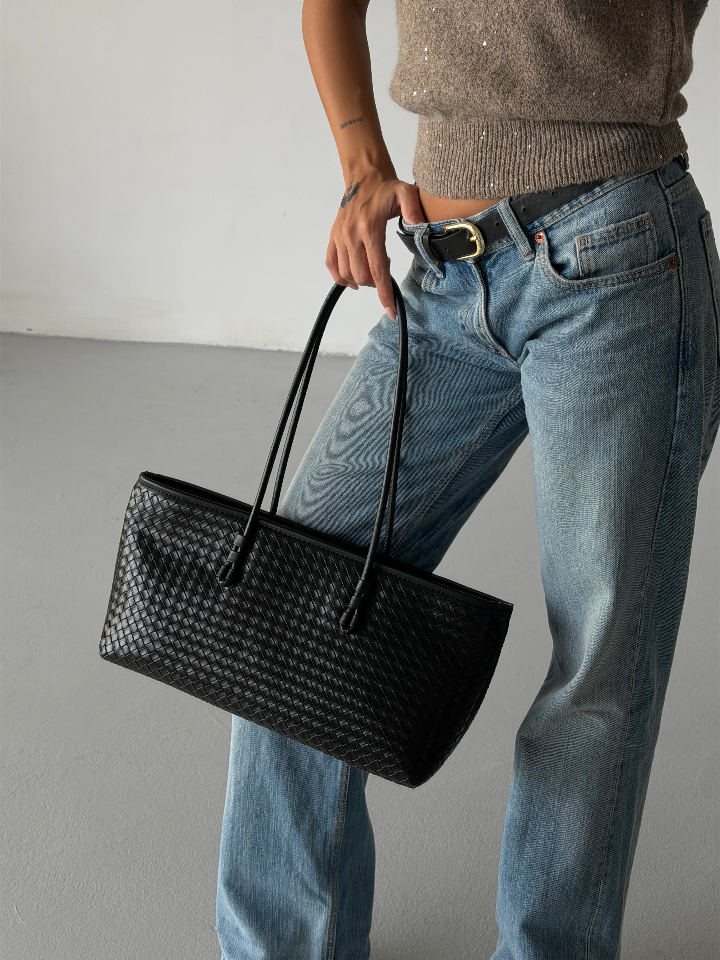 Örgü Desenli Tote Çanta Lizbon - Siyah