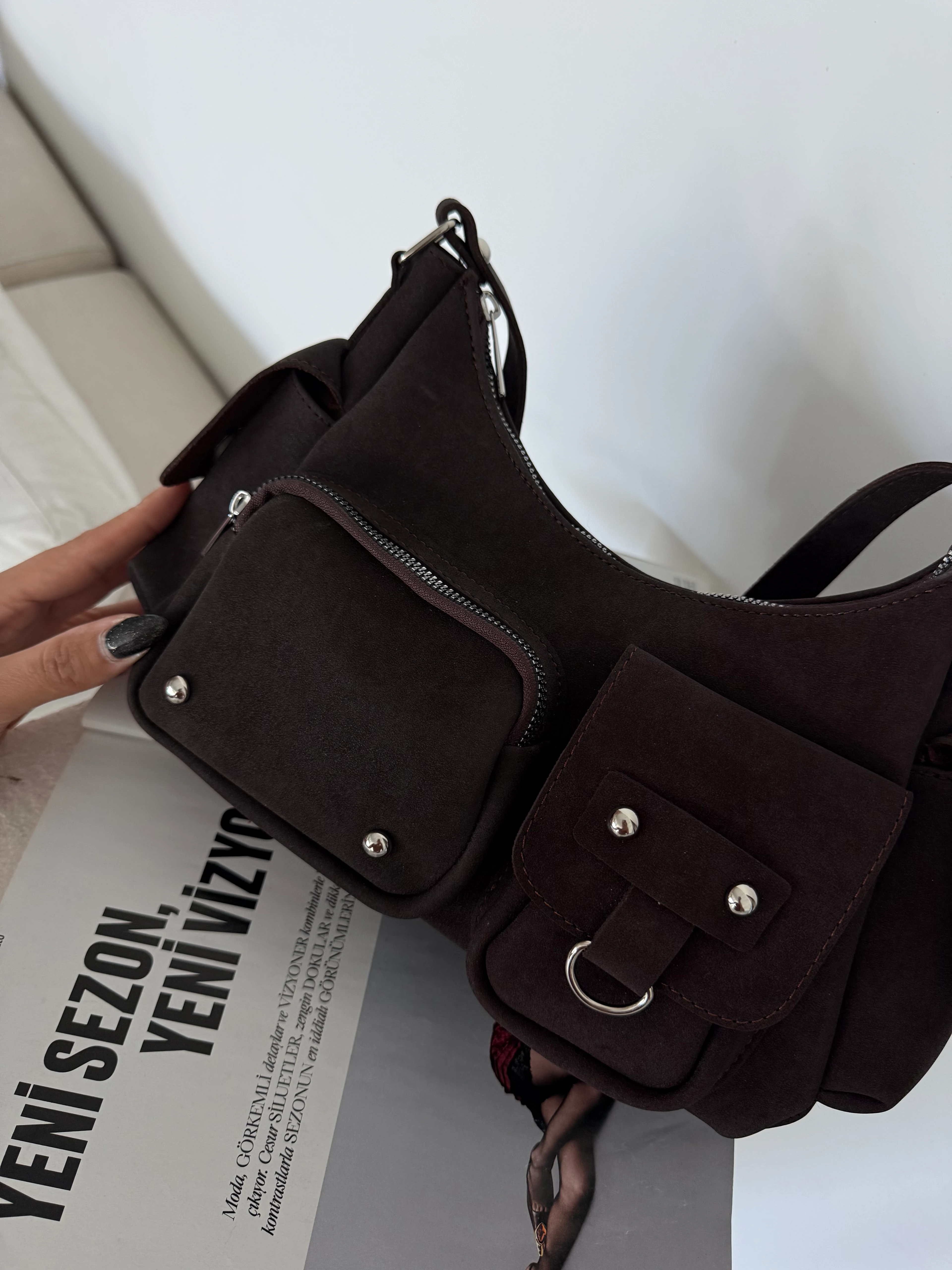 Kadın Çok Cepli Omuz Çantası Poli - Kahve Süet