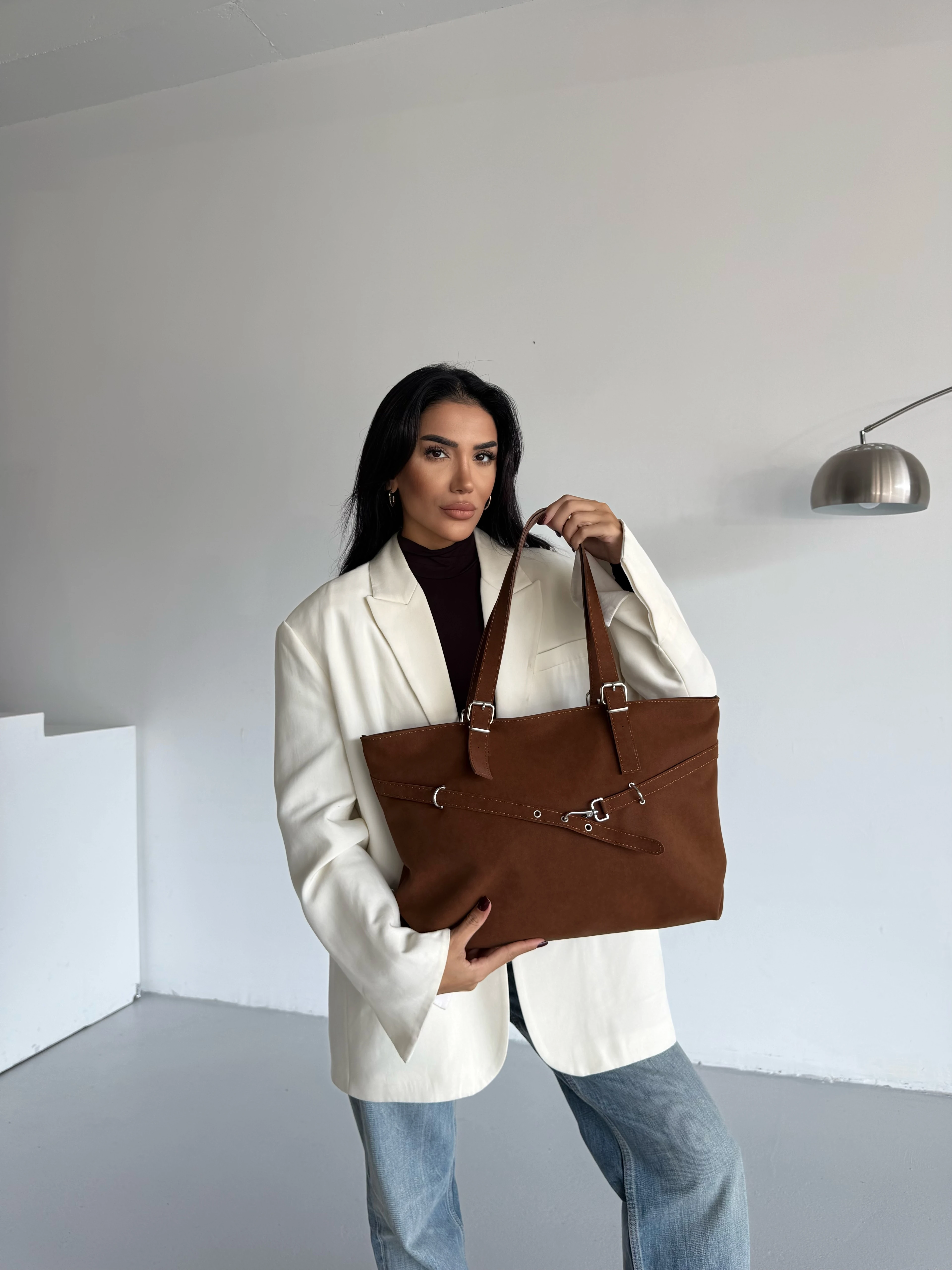 Kadın Kemer Detaylı Omuz Çantası Madrid - Taba Süet