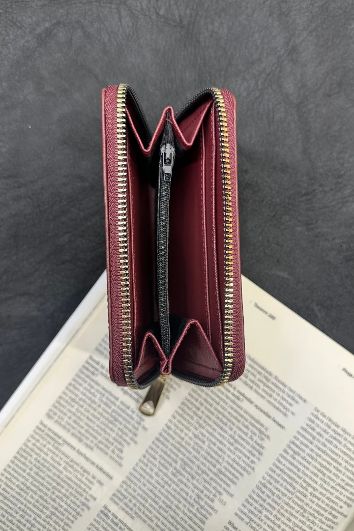 Desenli Fermuarlı Cüzdan - Bordo