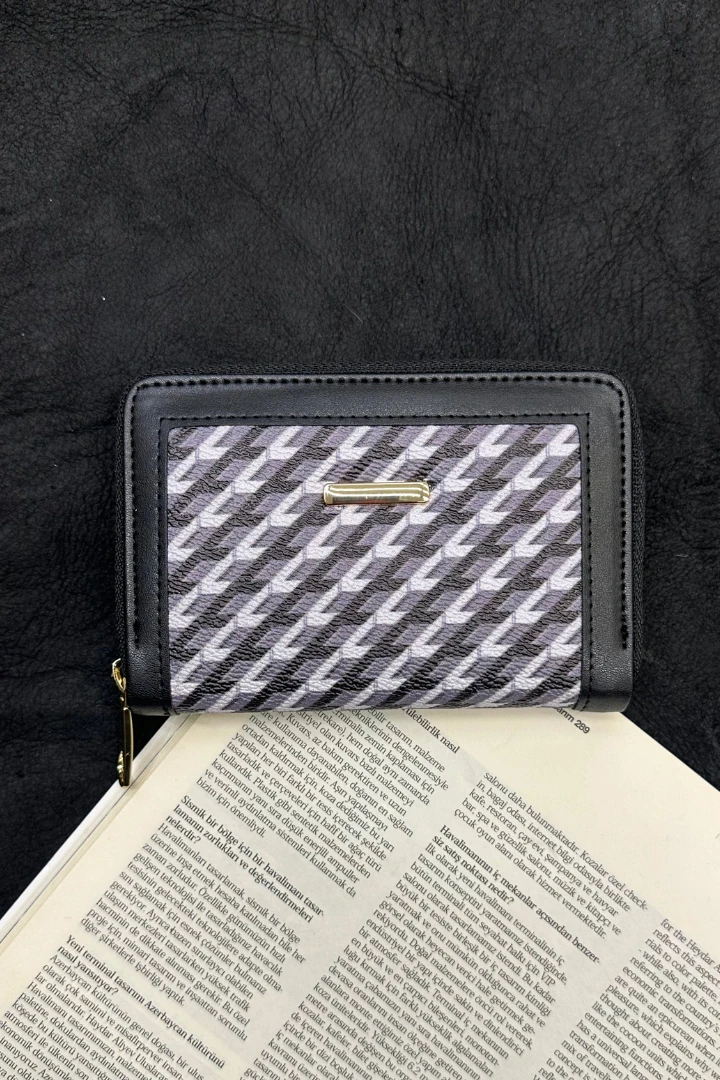 Desenli Fermuarlı Cüzdan - Siyah