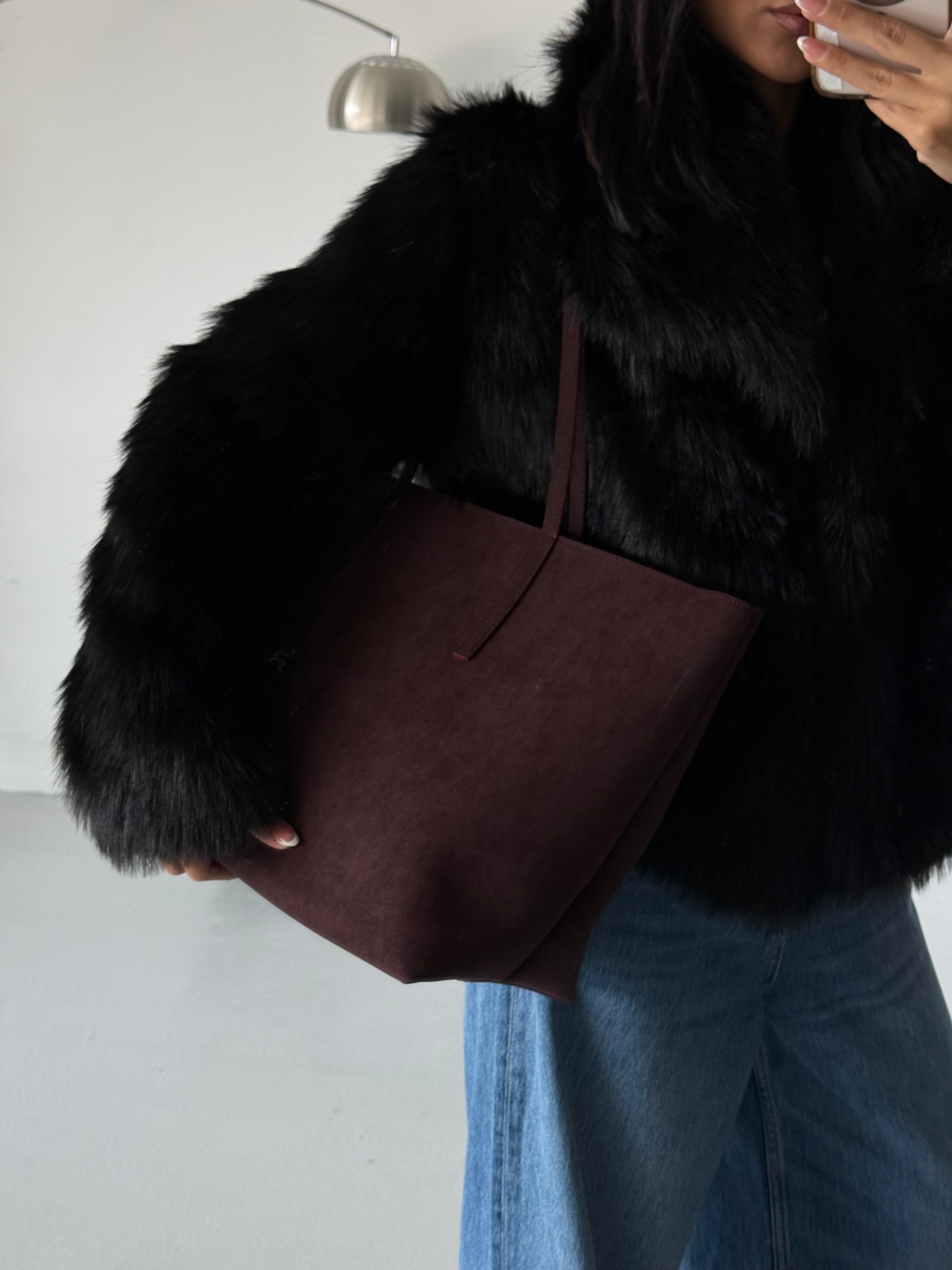 Kadın Fermuarlı Çift Saplı Shopper Omuz Çantası Sable - Bordo Süet