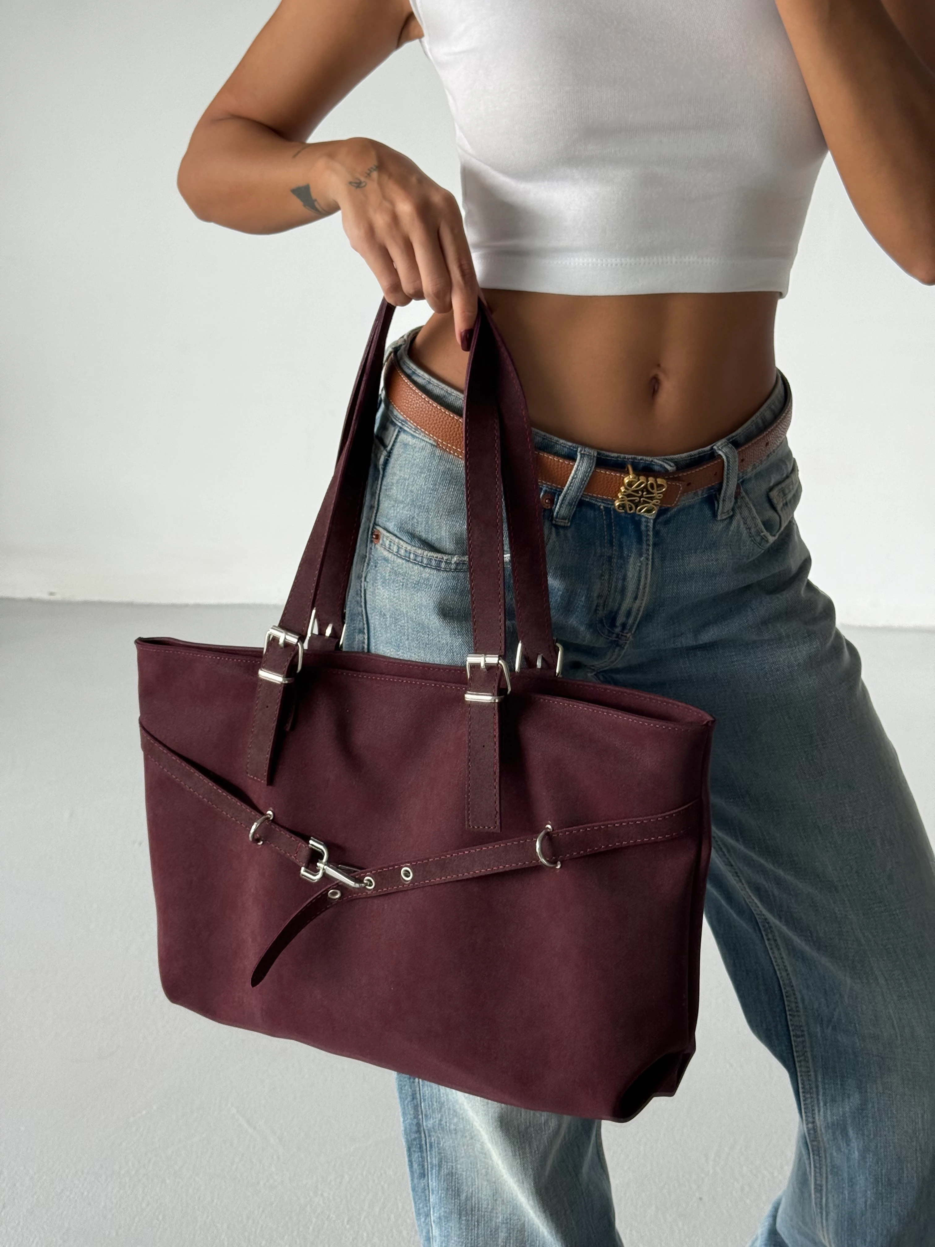 Kadın Kemer Detaylı Omuz Çantası Madrid - Bordo Süet