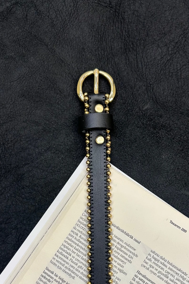Boncuk Detaylı Gold Kemer - Siyah