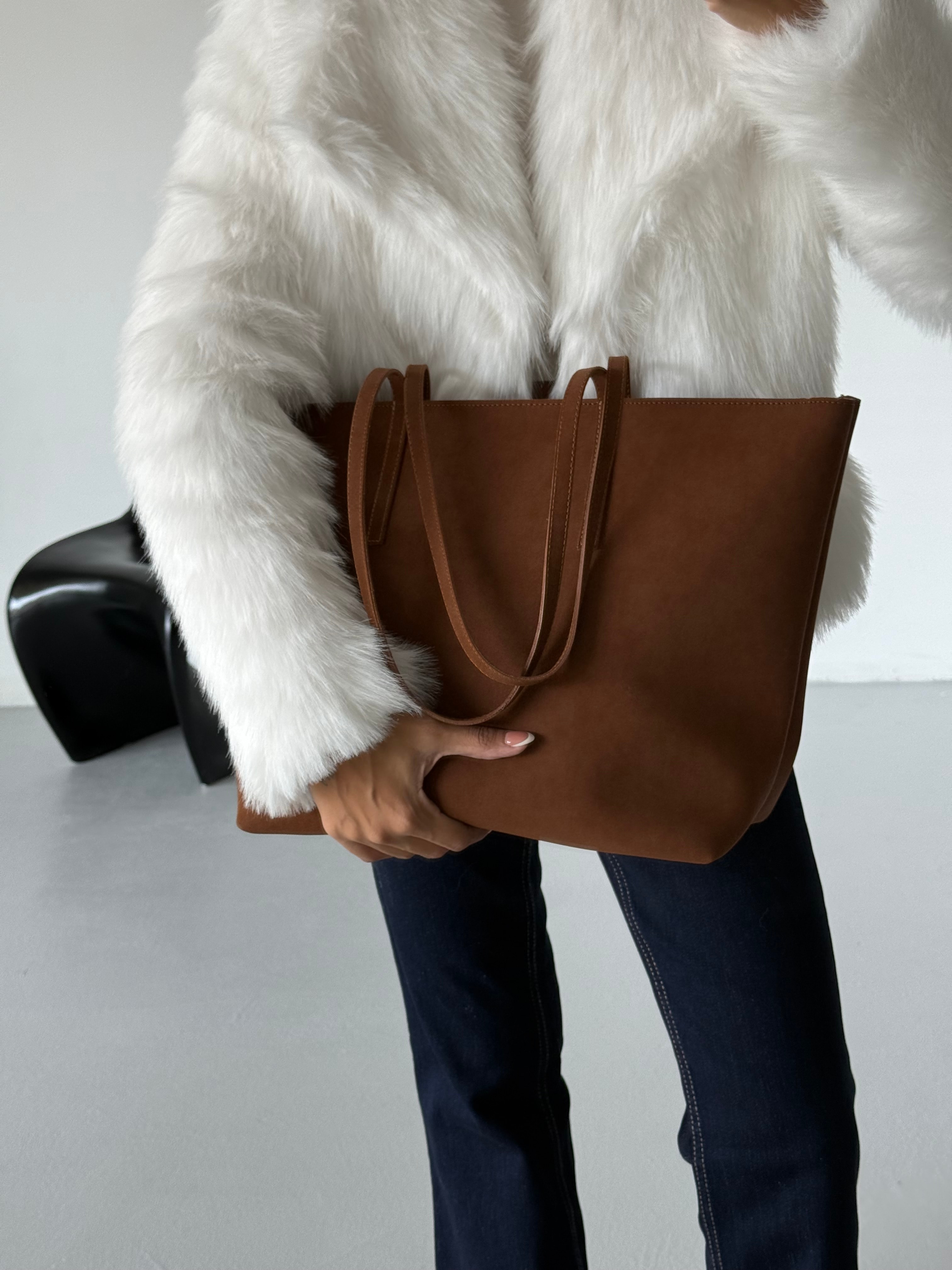 Kadın Fermuarlı Çift Saplı Shopper Omuz Çantası Sable - Taba Süet