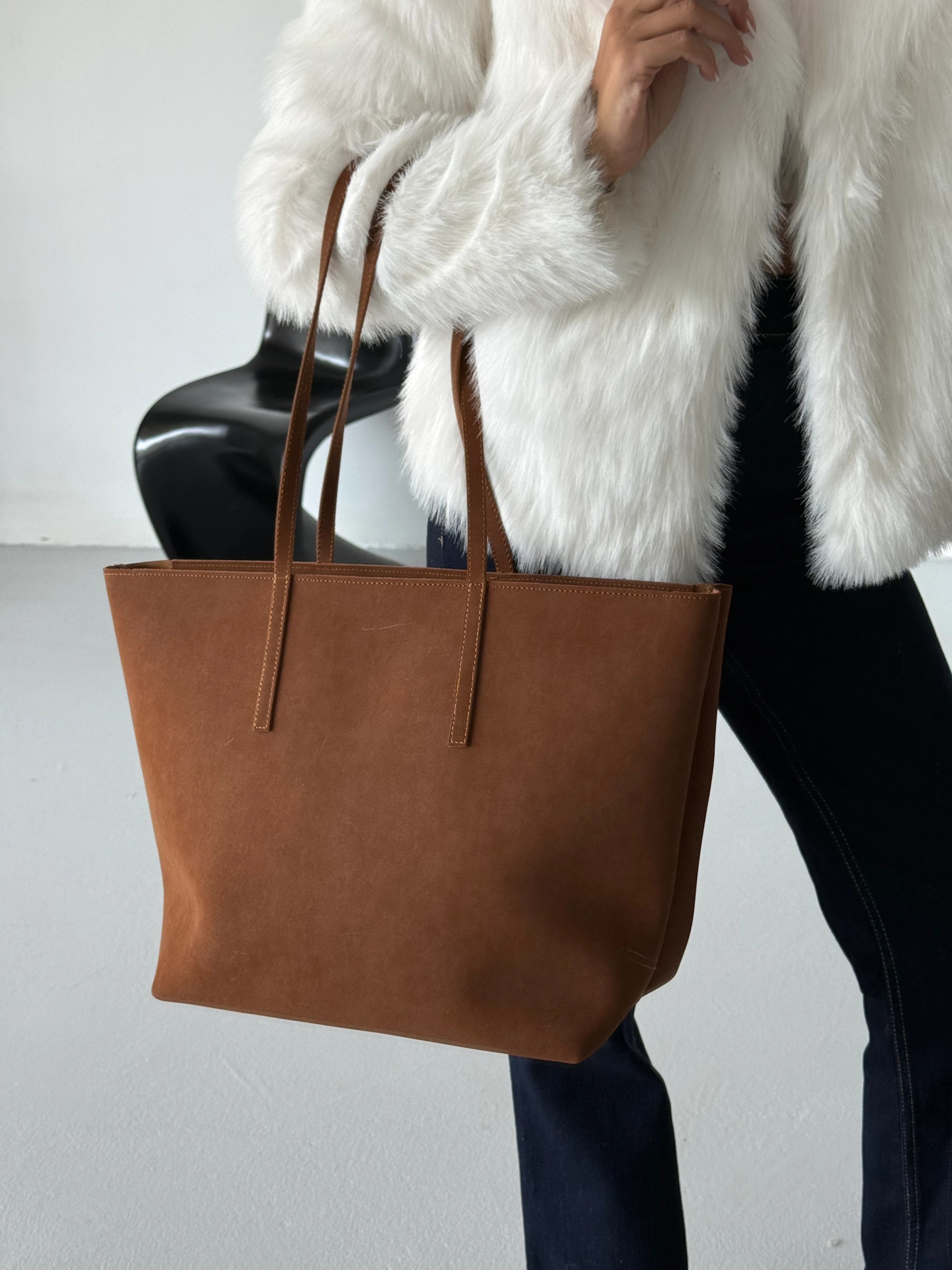 Kadın Fermuarlı Çift Saplı Shopper Omuz Çantası Sable - Taba Süet
